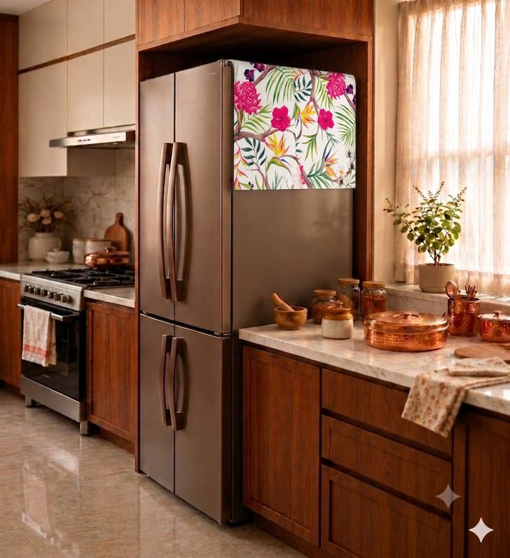Image of Four Door Fridge Top Cover 400+L | Big Size Dustproof Refrigerator Cover Mat | Machine Washable Floral Print | 450 GSM Durable Fabric Fridge Cover for Side by Side Four Door Models | THROWPILLOW.IN