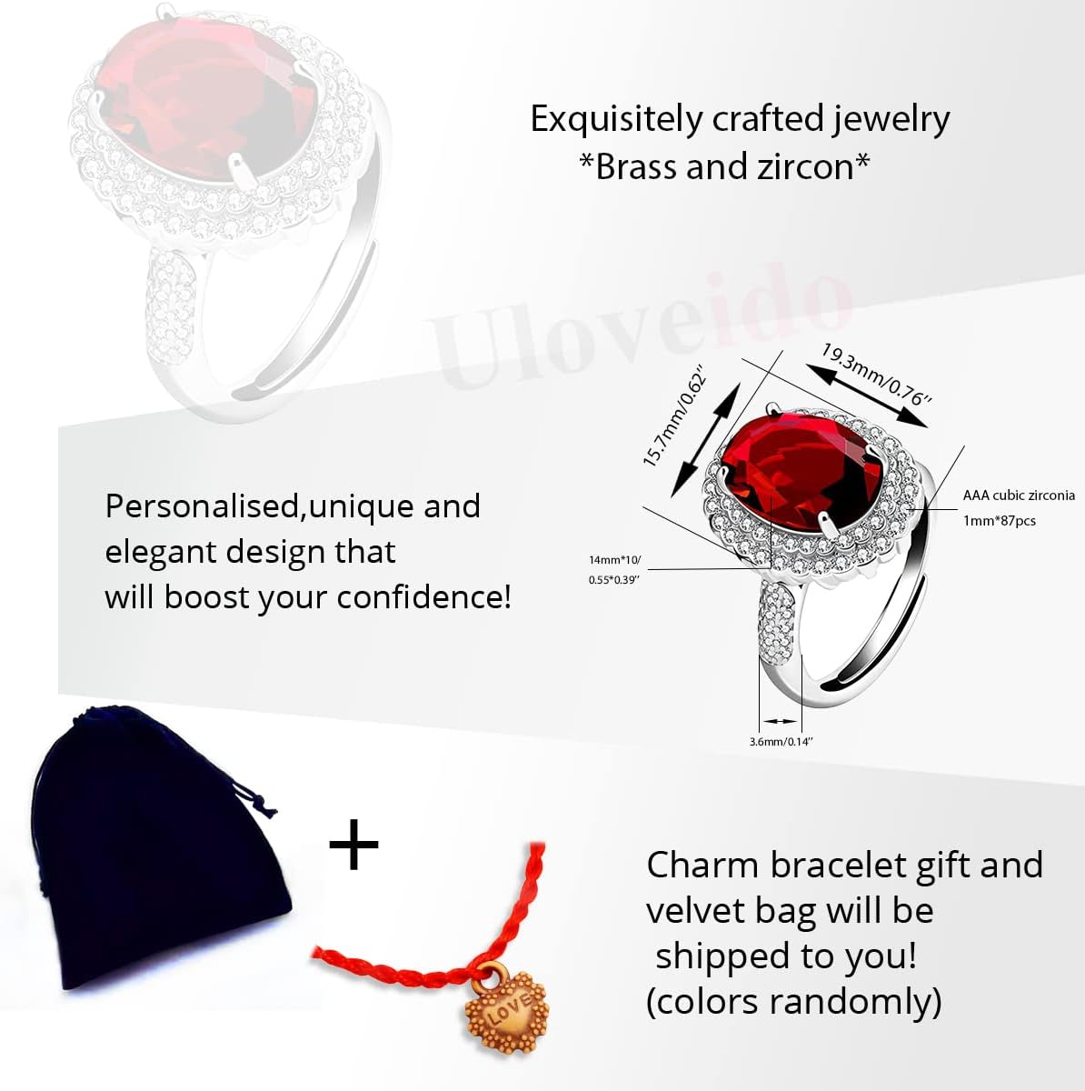 Uloveido Adjustable Platinum Plated Crystal Rings, Big Oval Cubic Zirconia Ring, Solitaire Split Shank Rings Birthstone Jewelry Gifts Y927 image 3