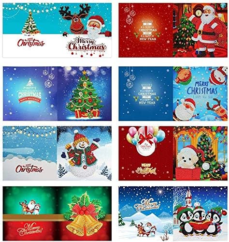 8 Pack Handmade Greeting Cards DIY Special Shaped Diamond Painting Christmas Cards Kit with Blank Envelopes for Christmas Birthday Kids Crafts Gift (D)