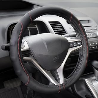 Motor Trend GripDrive Faux Black Leather Steering Wheel Cover for Car Truck Van SUV, Small 14 inch Size, Red Accent Stitched Car Steering Wheel Cover Vehicle & Auto Accessories