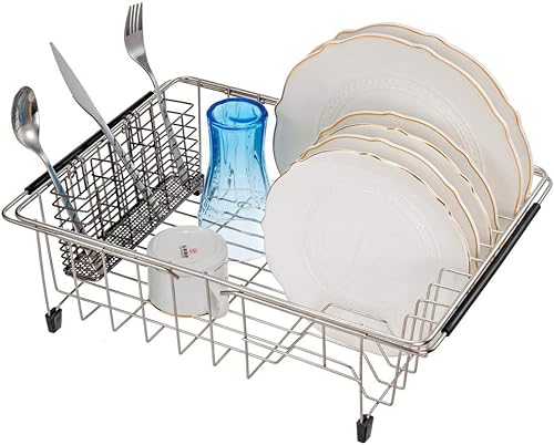 Miniatura 4 de SANNO Estante de secado de utensilios de acero inoxidable para escurridor de platos, escurridor de platos expandible