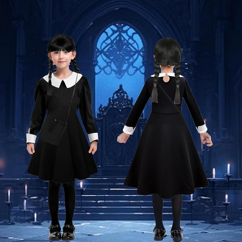 LOVICVKEM Disfraz De Miércoles Para Niña – Vestido Gótico Con Peluca Y Accesorios De Joyería – Ideal Para Halloween, Cosplay Y Cumpleaños – Talla 130 Cm (4+ Años)