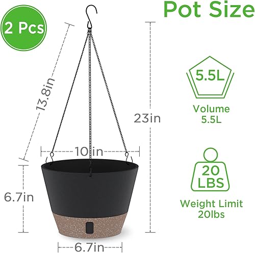 Miniatura 2 de SOSMAR Paquete de 2 macetas colgantes para plantas de interior, macetas colgantes de 10 pulgadas para plantas con nivel de agua visible, 6 ganchos,