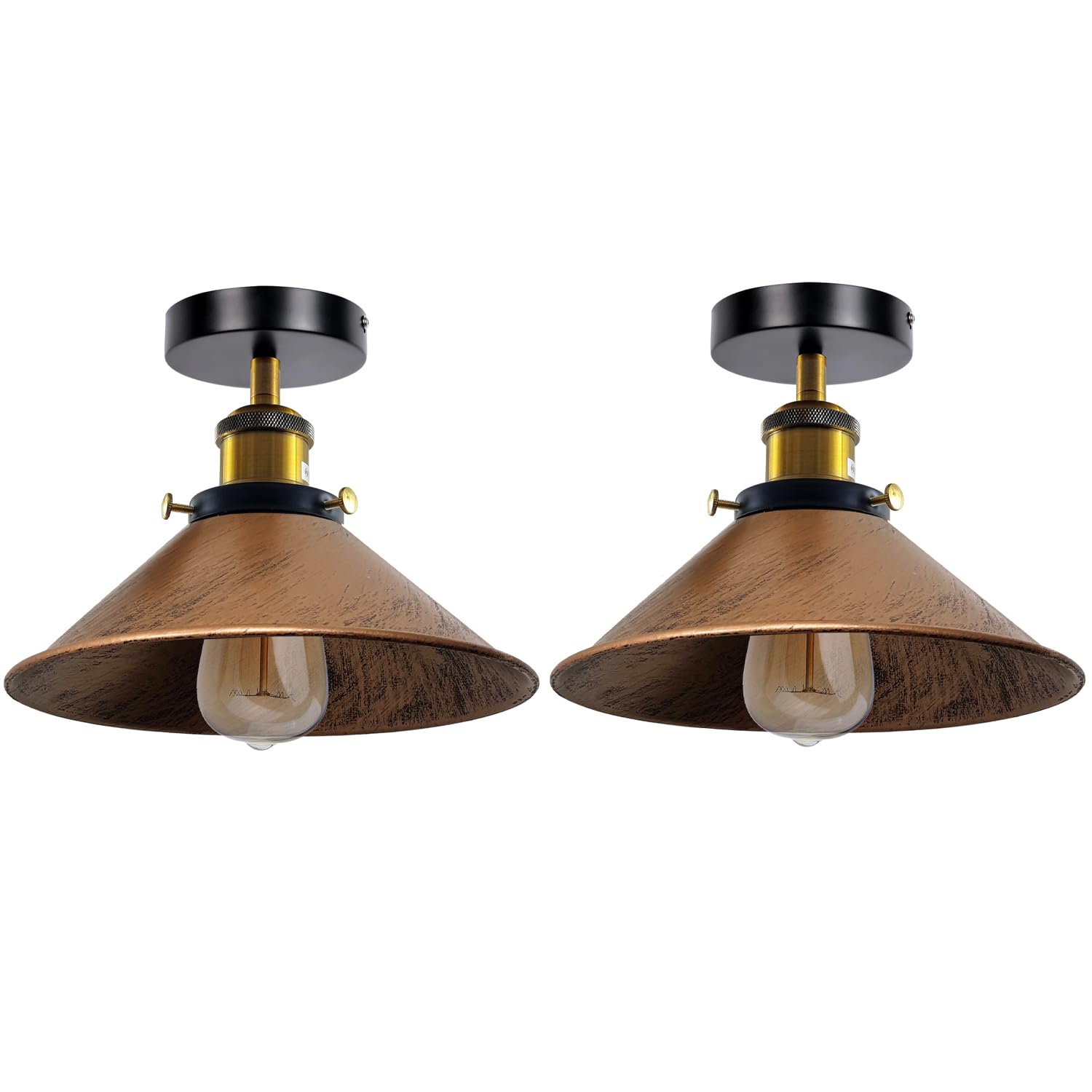 LEDSone Modern Semi Flush Mount Ceiling Light Metal 2 Pack Cone Shape Pendant Lamp Chandelier LED Lights Fitting for Kitchen Bedroom Hallway Restaurant Hotel (Brushed Copper)