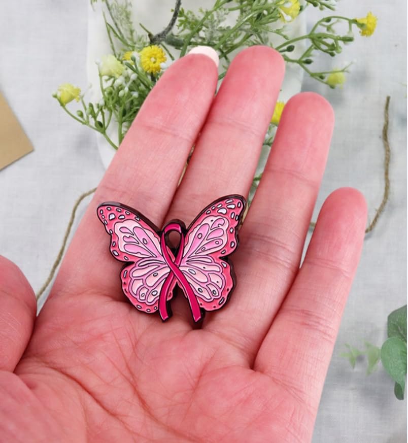 Image of Love Faith Strength Hope Breast Cancer Awareness Lapel Pins Butterfly Pink Ribbon Pin Brooch Badge Resin Enamel Cancer Awareness Gifts for Women Men
