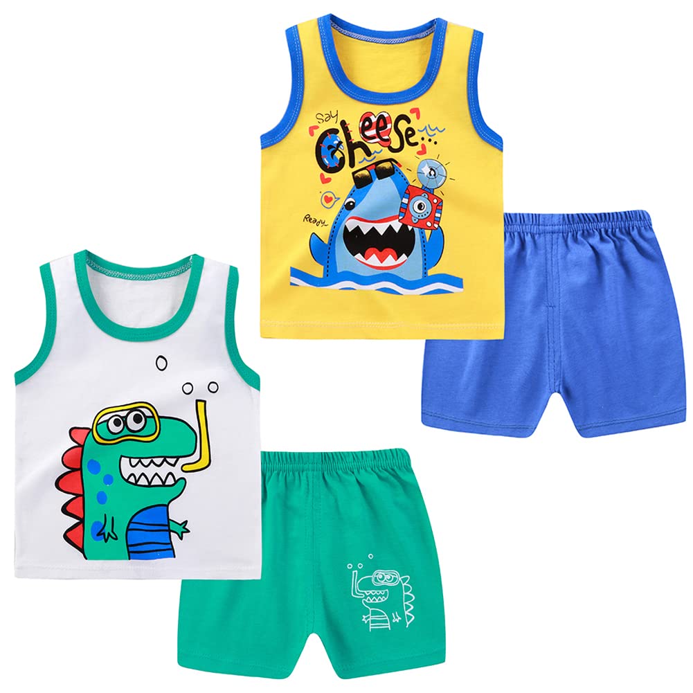 Toddler Boys 4 PCs Tank Top and Shorts Set Summer Sleeveless Cotton Outfit