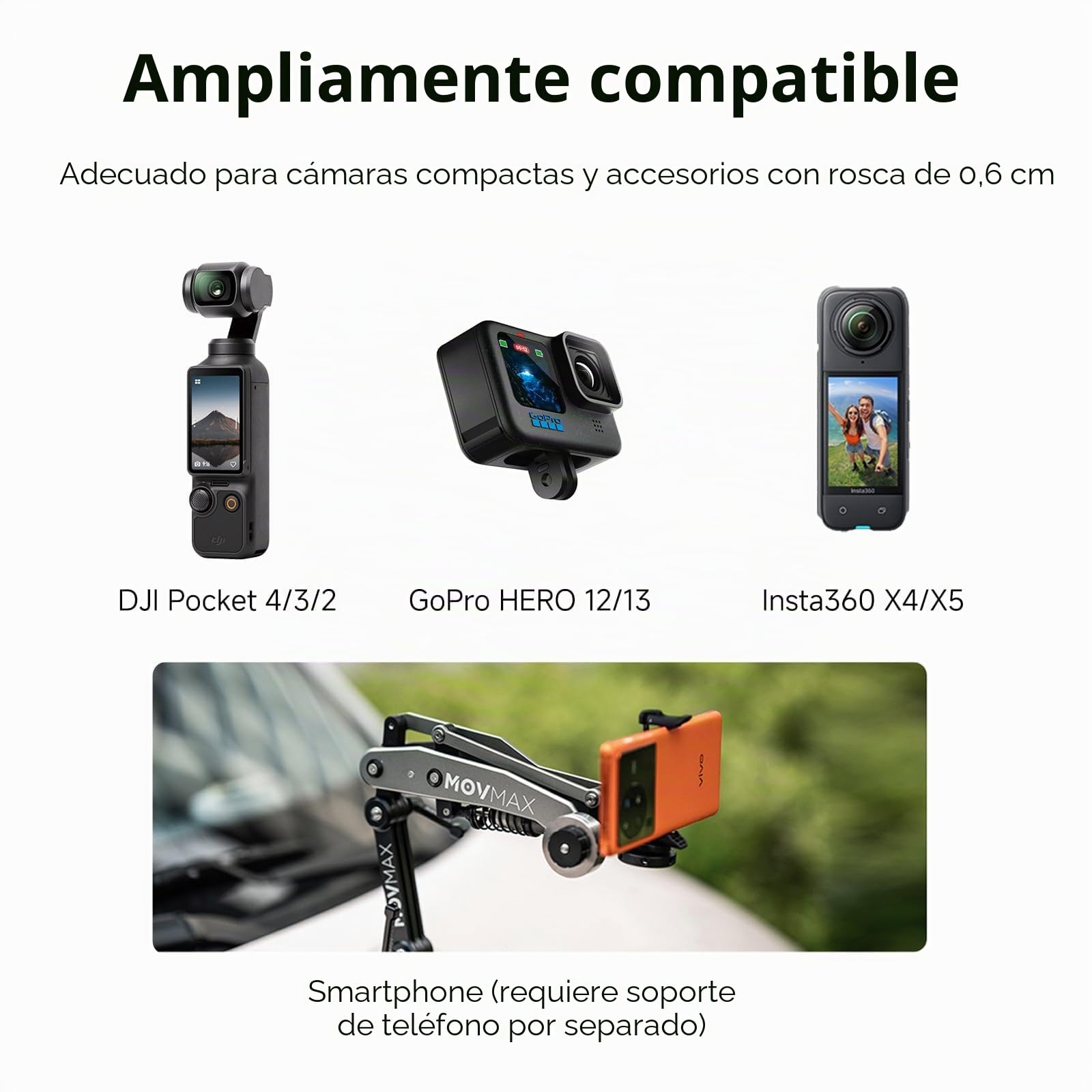 Vaxis Global Movmax - Brazo de Cuchilla para cámaras dji Pocket 3, Insta 360 y GoPro Hero 12 con tecnología de Brazo N2 y Tornillo de Bloqueo Universal