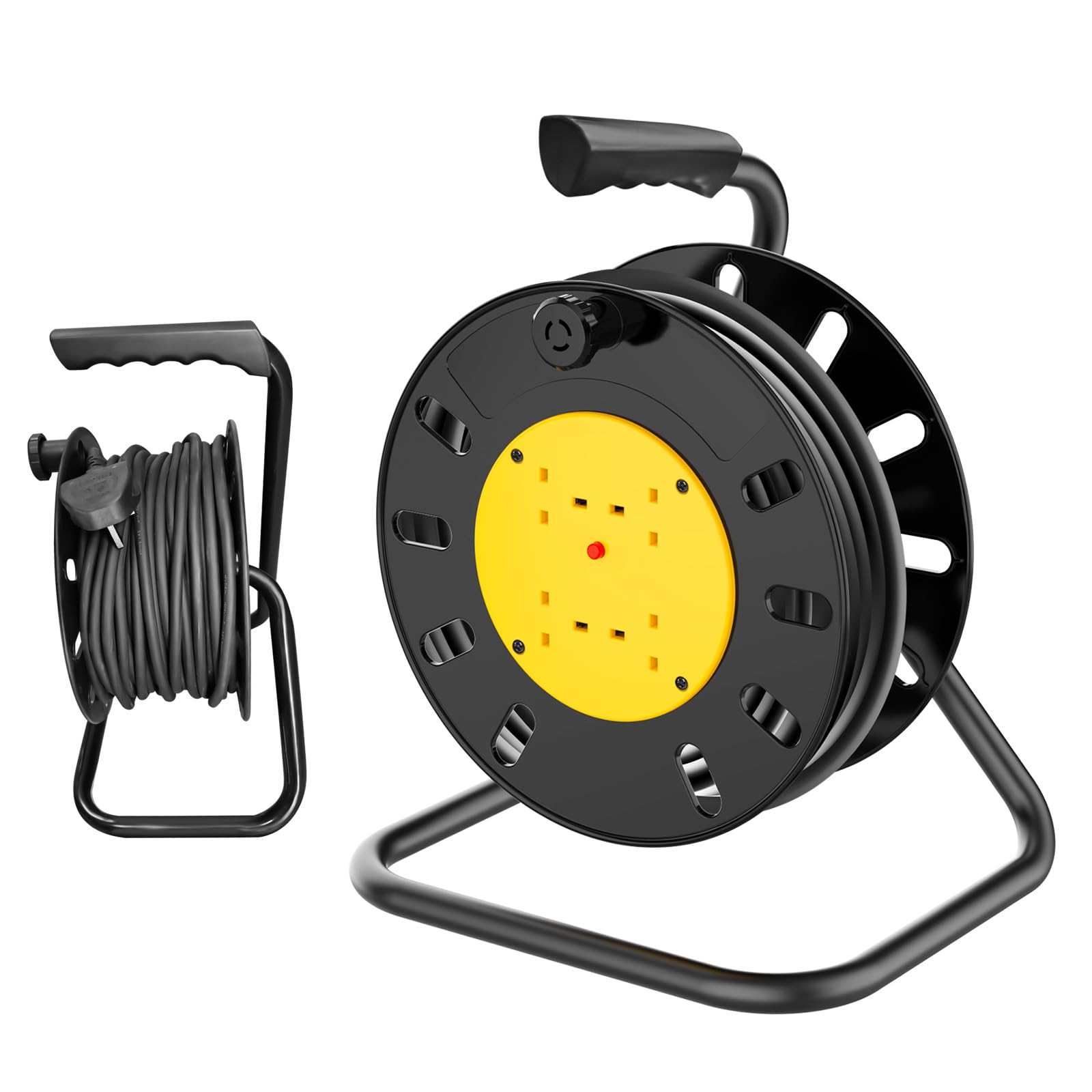 Extension Lead 15m Heavy Duty Cable Reel, with 4 Socket, 13A Fused Plug, Thermal Cut Out, Wind Handle, Metal Frame, Portable Extension Cord Retractable for Garden, Workshop, DIY, Black