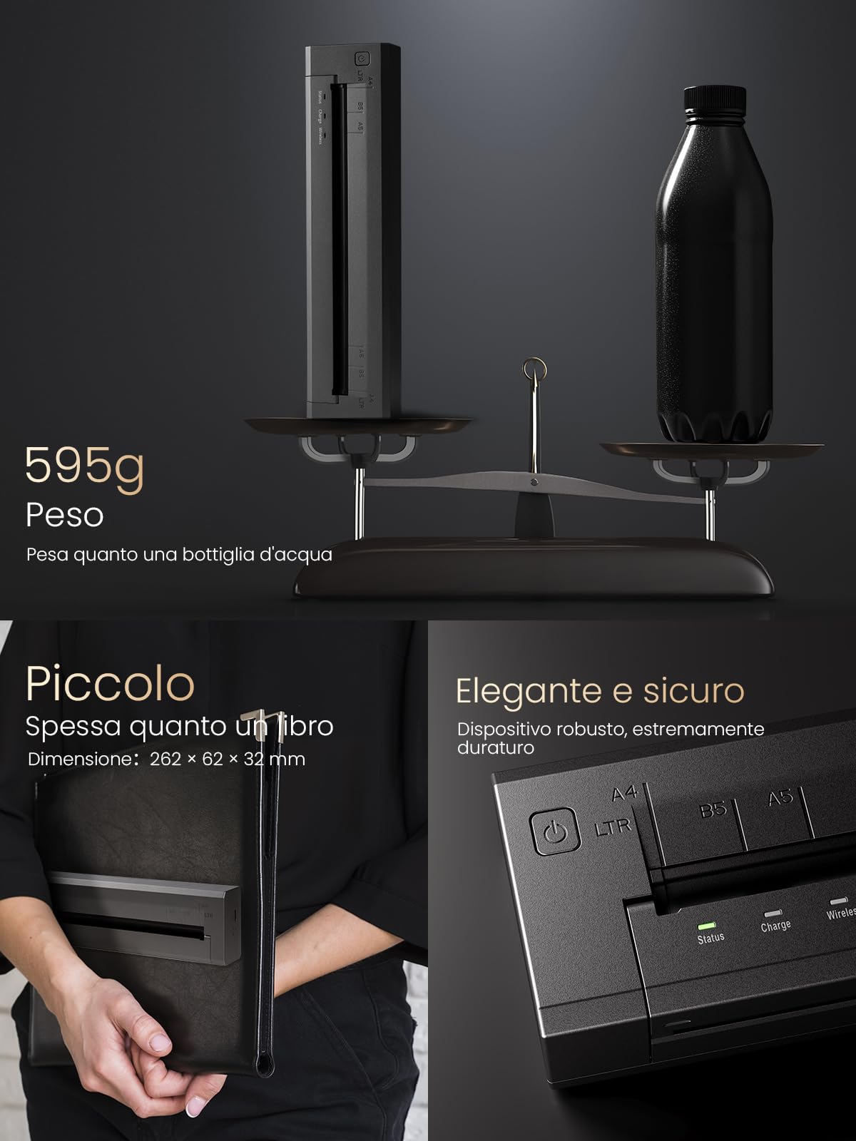 Phomemo Wifi Stampante Portatile A4 Kit 300DPI, Compatibile Airprint-Grigio