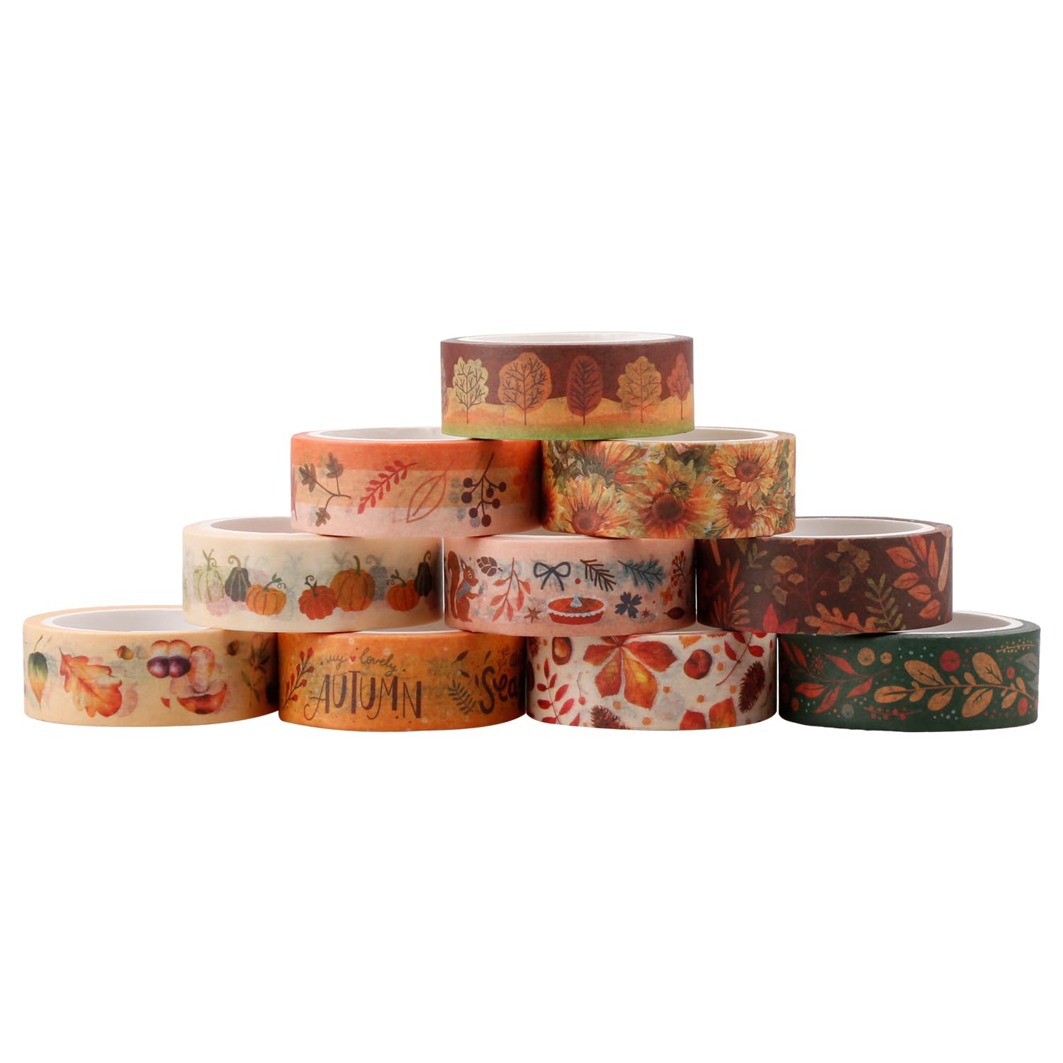 Hopzab 10 Rolls Fall Washi Tape Set,5 Meters Long15 Millimeter Wide, Autumn Maple Leaves Sunflower Pumpkin Patterned, Decorative for scrapbooking, for DIY, Journal, Craft, Gift Wrapping
