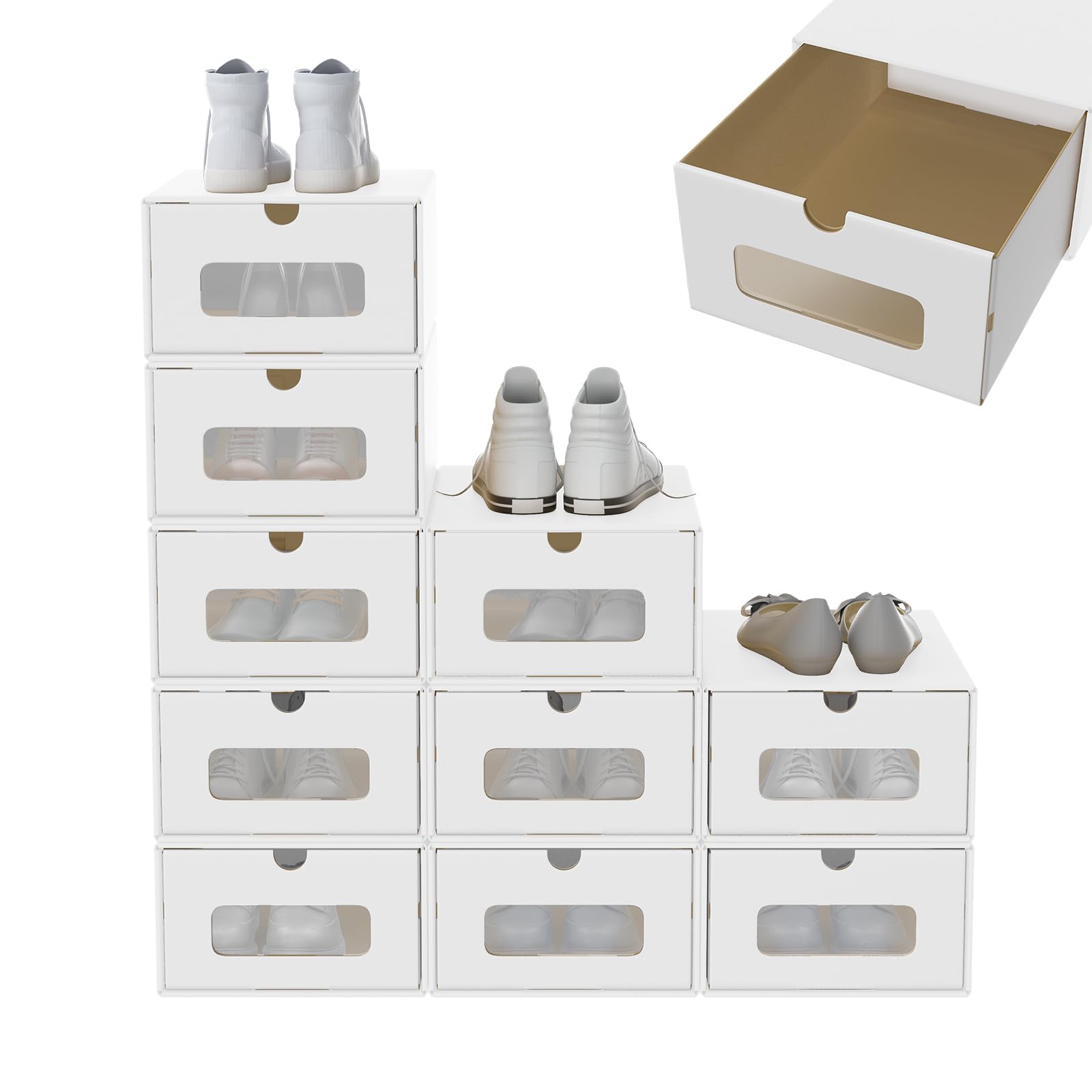 SAILUN Stackable Shoe Storage Boxes, 10 pcs Foldable Kraft Cardboard Shoe Boxes with Lid & Clear Window, Space Saving Shoe Organiser for Trainers, Boots & Heels (White)
