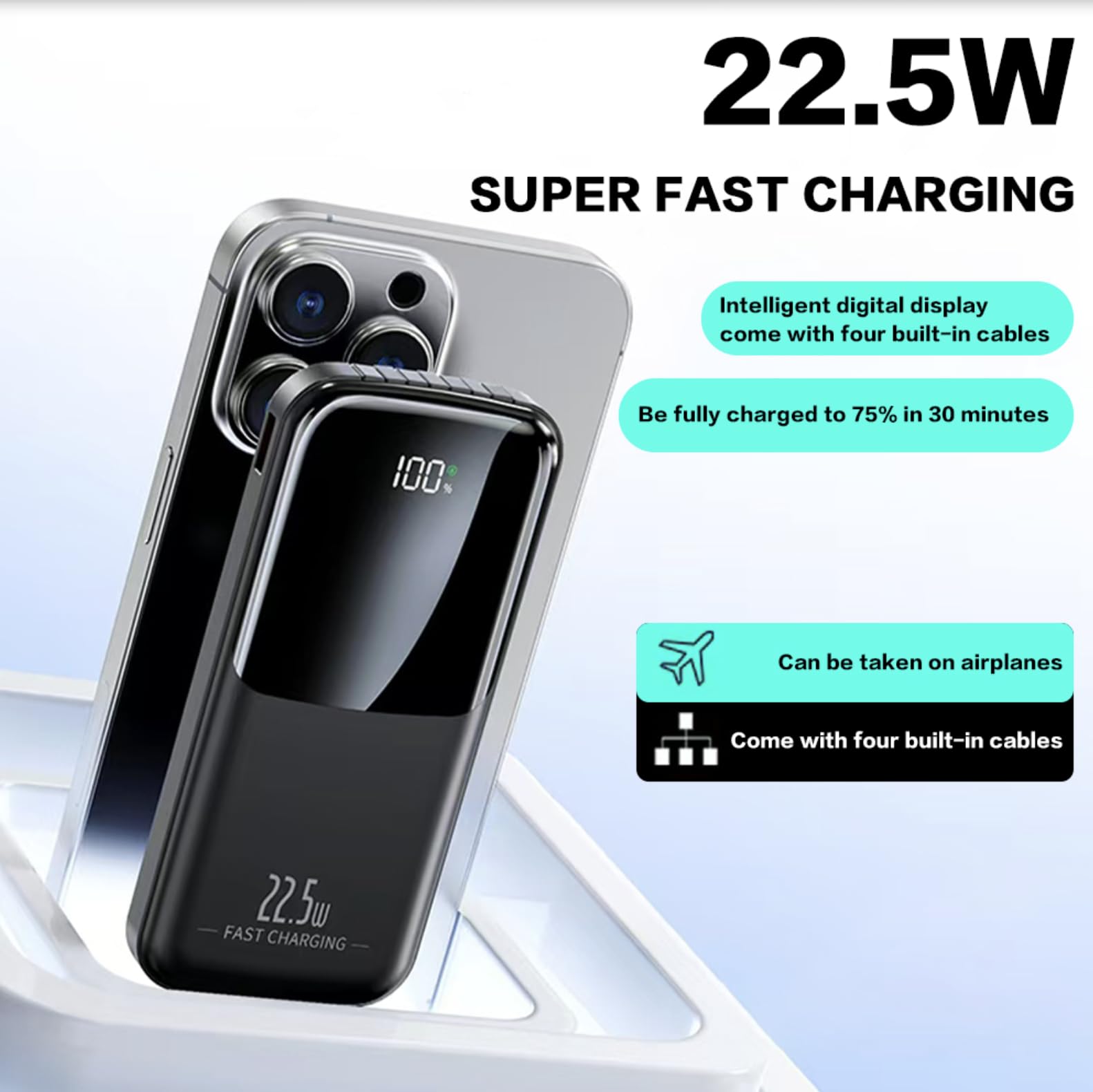 Power Bank 20000mAh 22.5W Carga Rápida – Batería Externa con 4 Cables Integrados, Pantalla LED, USB-C y USB-A, Carga 5 Dispositivos a la Vez – Cargador Portátil para iPhone, Samsung y Android