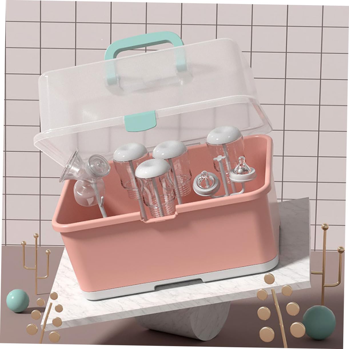 Babyflaschen Organizer aus Kunststoff mit Abtropffunktion, 1 Stück | Rosa, Tragbar und Leicht, für Haus und Babyparty, zur Ordnung von Stillzubehör