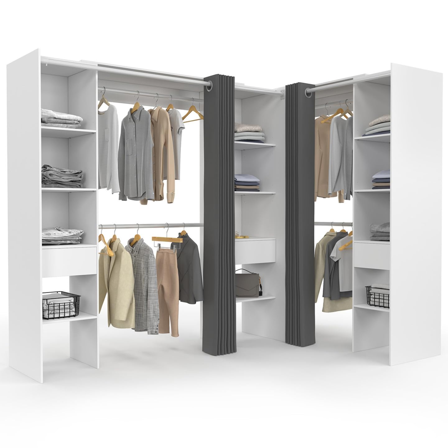 IDMarket - Dressing extensible d'angle MARLON 230 x 140 x 180 cm blanc avec penderies + étagères + rideaux gris