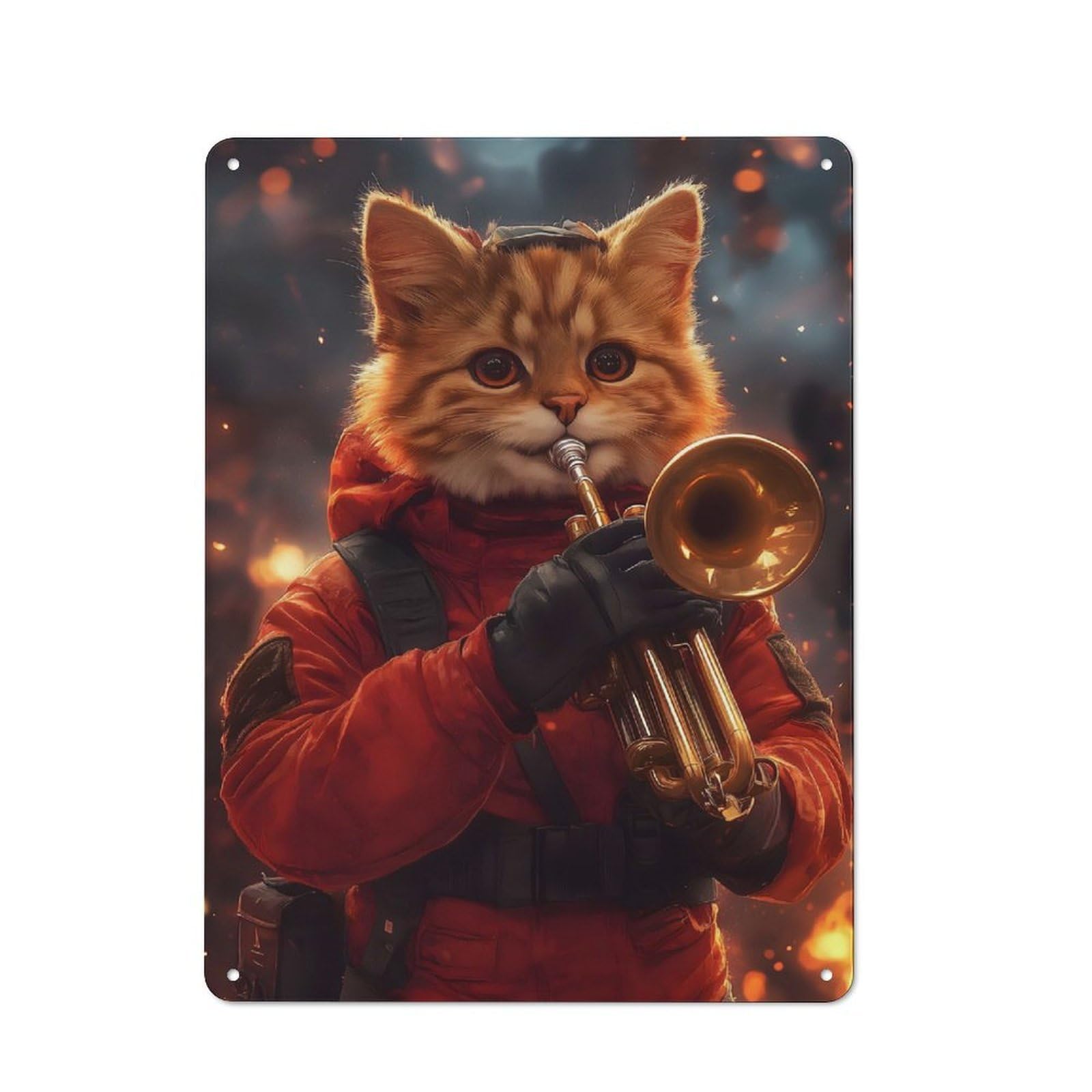 Junmoney Style-7 Industrial Tin Wall Sign 40X30cm Featuring Cat Playing Trumpet, Urban Room Decor For Workspace, Cafe, Hallway Or Garage
