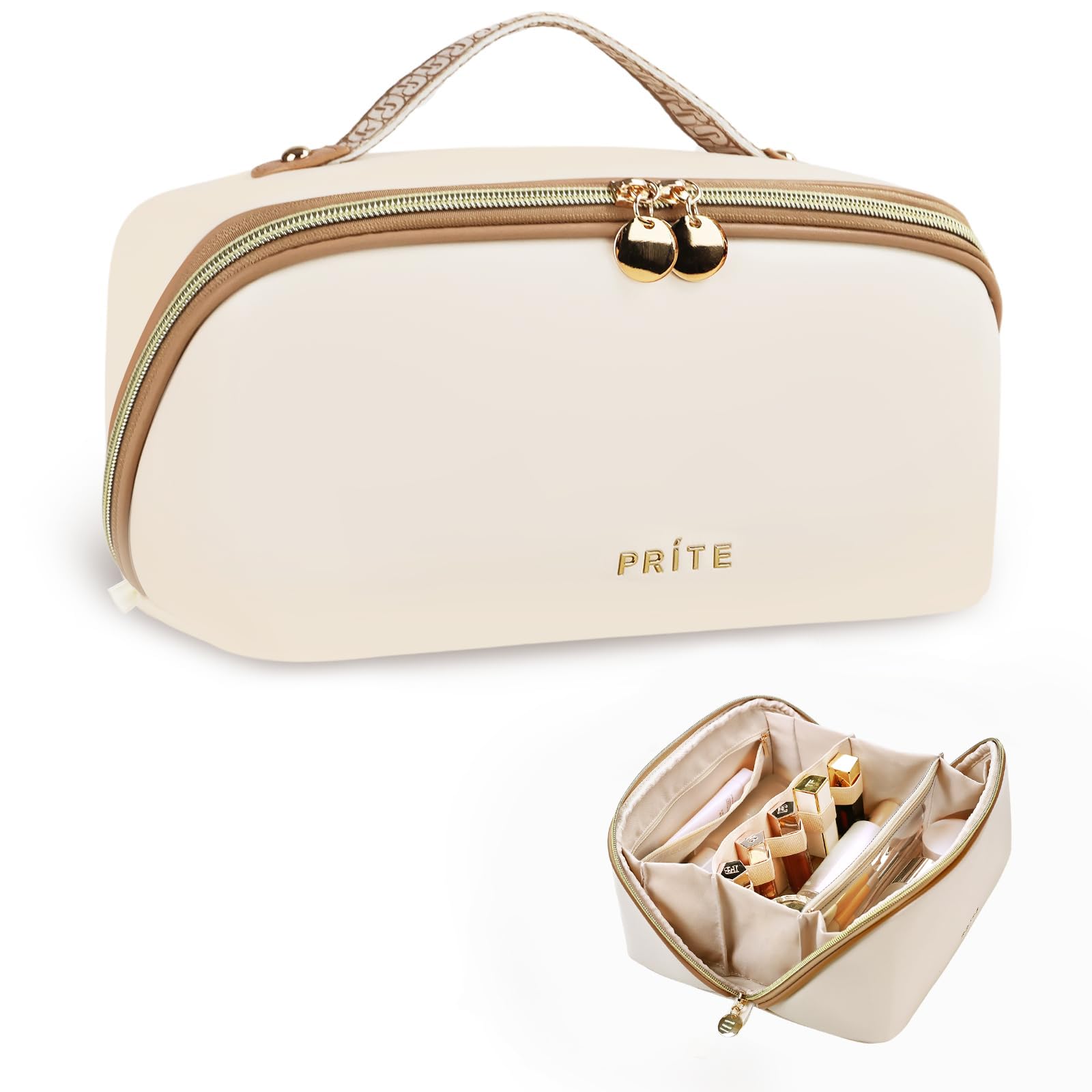 Prite Large Capacity Makeup Bag Portable Travel Cosmetic Bag Waterproof Toiletry Case with Clear Divider and Handle — view 21
