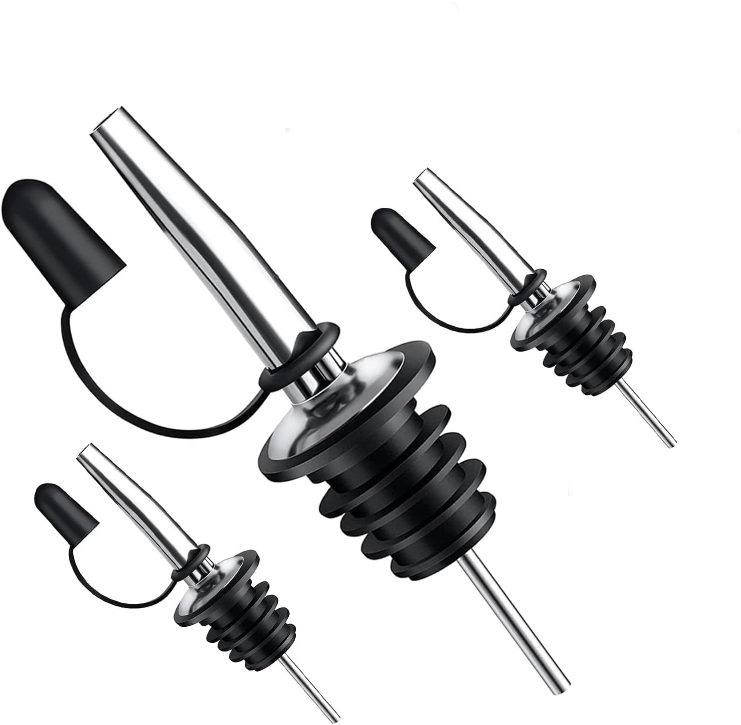 3 Pcs Bottle Pourers for Spirits with Rubber Dust Cap, Liquor Pourer, Speed Pourers Wine Bottle Spirits Pourers Tapered Spout with Rubber Dust Caps, for Olive Oil Coffee Syrup Vinegar Bottles