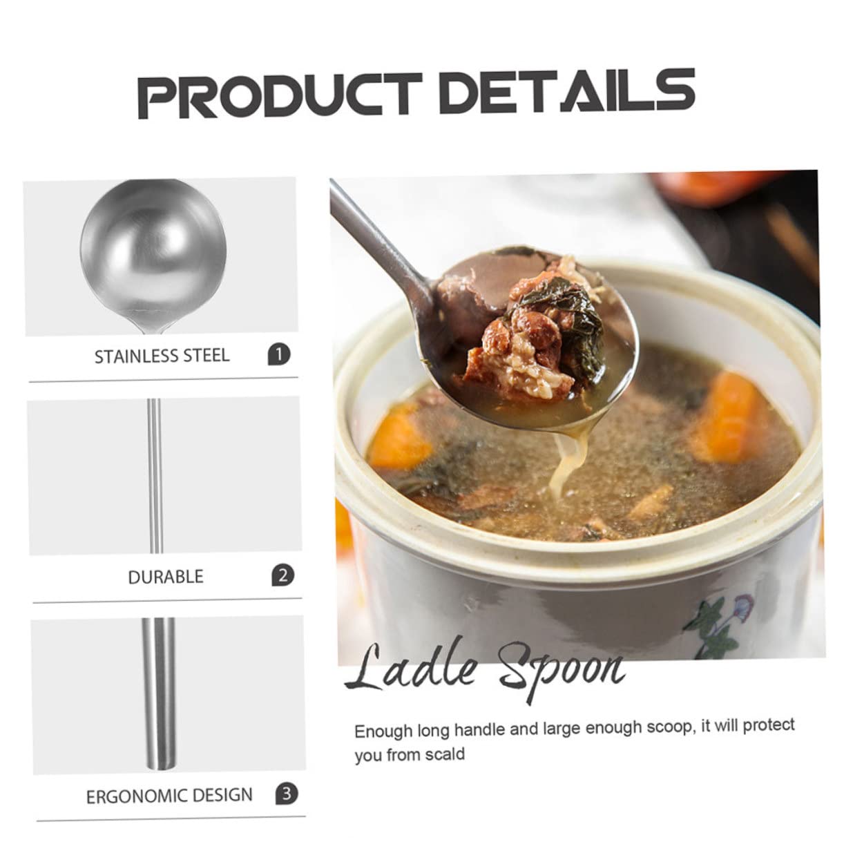 Cucharón Fácil de Usar y Diseño Sola Pieza Mango Largo de Acero Inoxidable Rebabas para Cocinas y Restaurantes