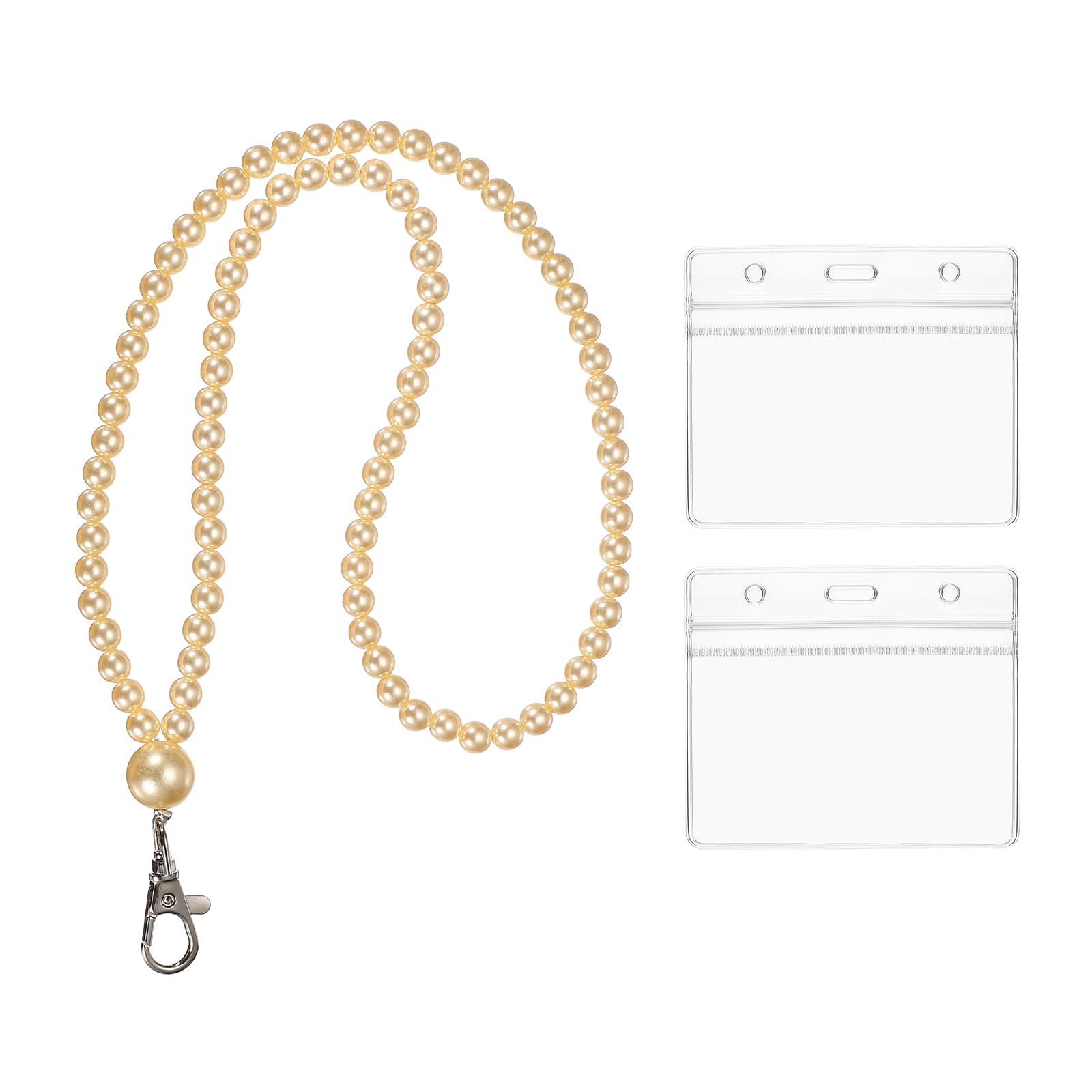 PATIKIL Pearl Lanyards for ID Badges, Cute Pearl Keychain Necklace Lanyard with 2 Horizontal Badge Holders for Women Teacher Gift Keys Chain Cards, Yellow