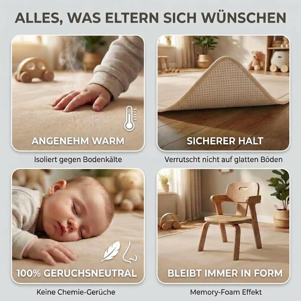 BabybeFun Krabbelmatte Baby - kuschelig weich - 3cm Dicke Spielmatte - schützt vor Stößen - Teppich Kinderzimmer 150x150cm - rutschfeste Schaumstoffmatte - Spielteppich Kinder - Krabbeldecke warm