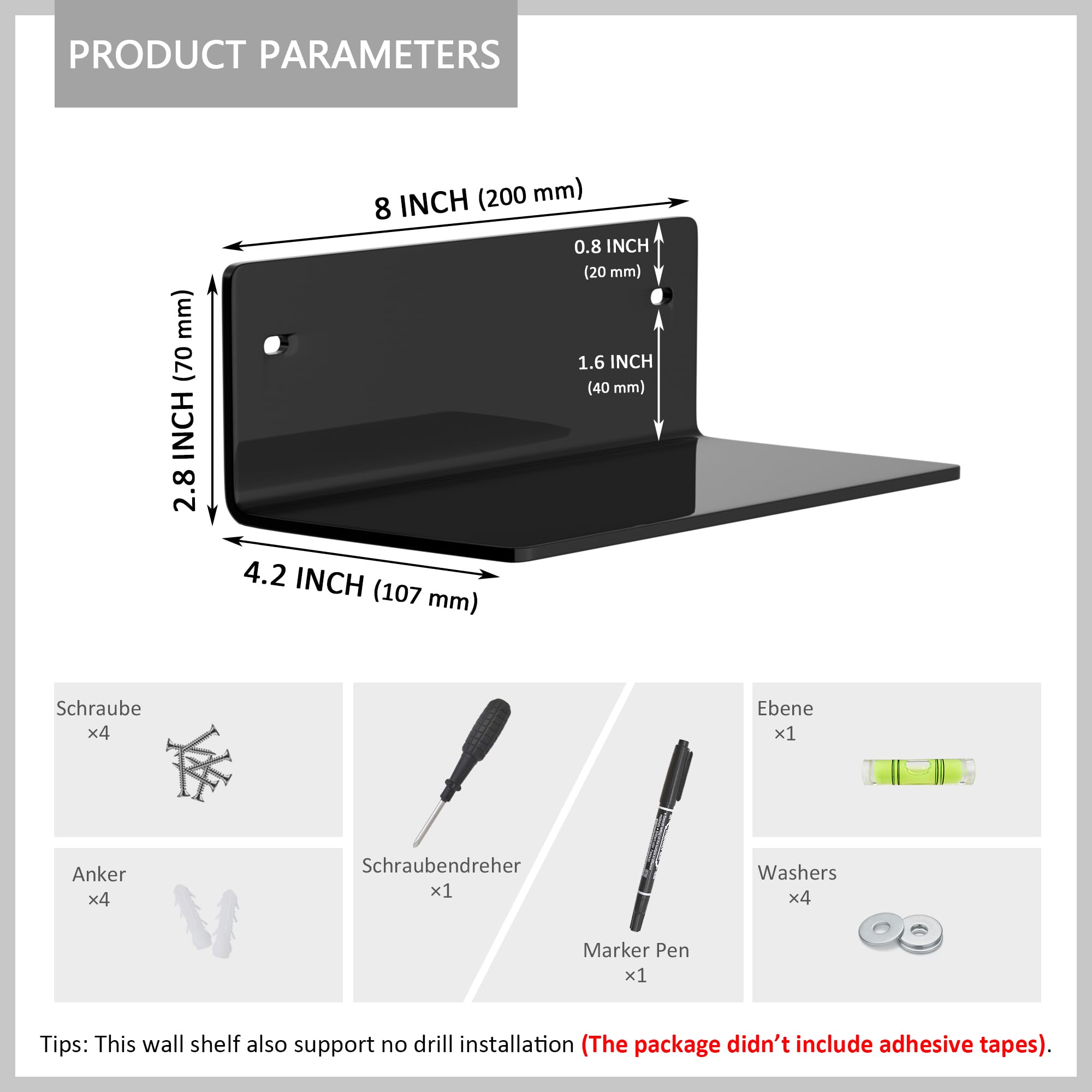 Sezanrpt 8 Inch Black Small Wall Shelves, Acrylic Wall Mounting Ledges Display, Acrylic Black Shelf for Figures Collectibles - Image 2