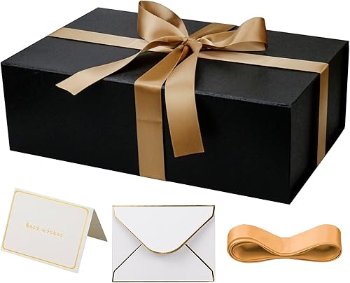 YINUOYOUJIA Caja de regalo grande con tapa, 14 x 9 x 4.5 pulgadas, caja de regalo magnética negra con cinta, tarjetas y sobres para regalos, ideal