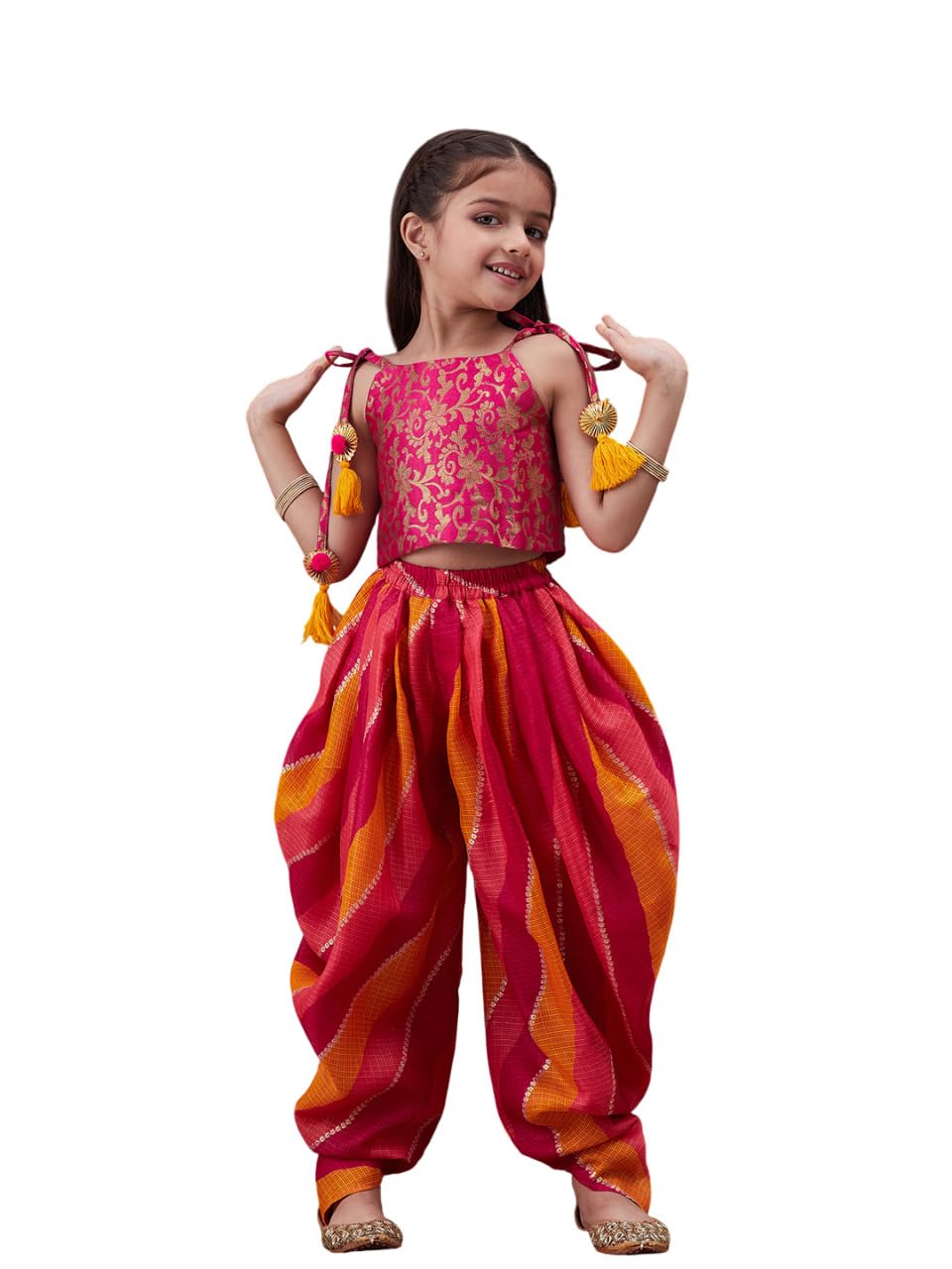 Pspeaches Girl's Cotton 1 Dhoti, 1 Kurta (Dh-Magentabrocade-6-7Y_Orange
