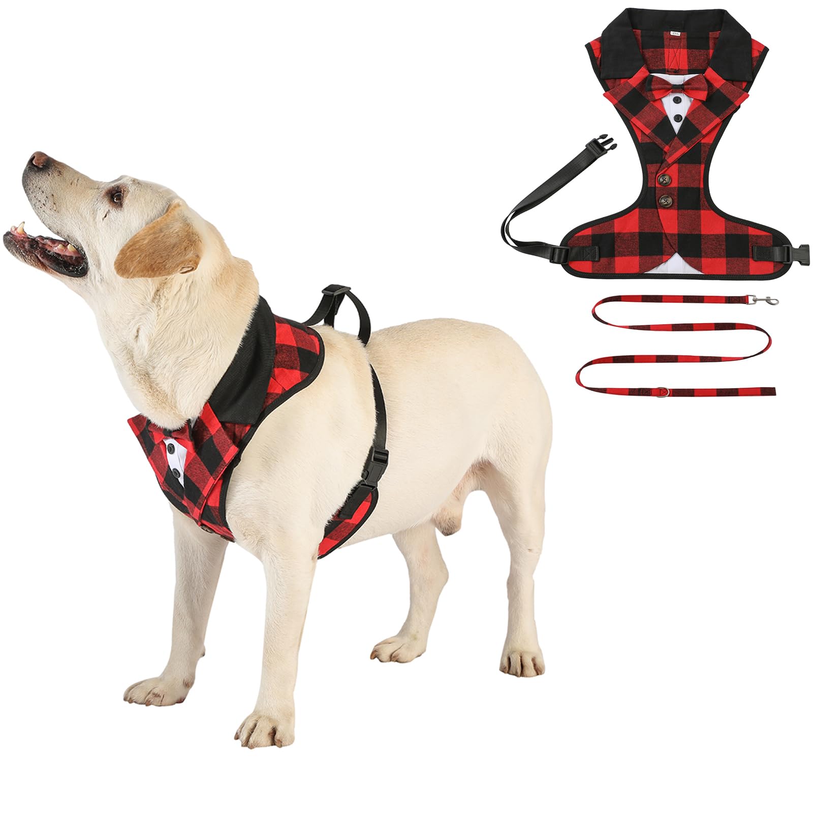 Dog Tuxedo Harness with Leash Set,Pet Formal Occasion Tailcoat Bow Harness Pet Wedding Vest Costume for Cat Puppy Small Medium Large Dogs_S(Red Grid)