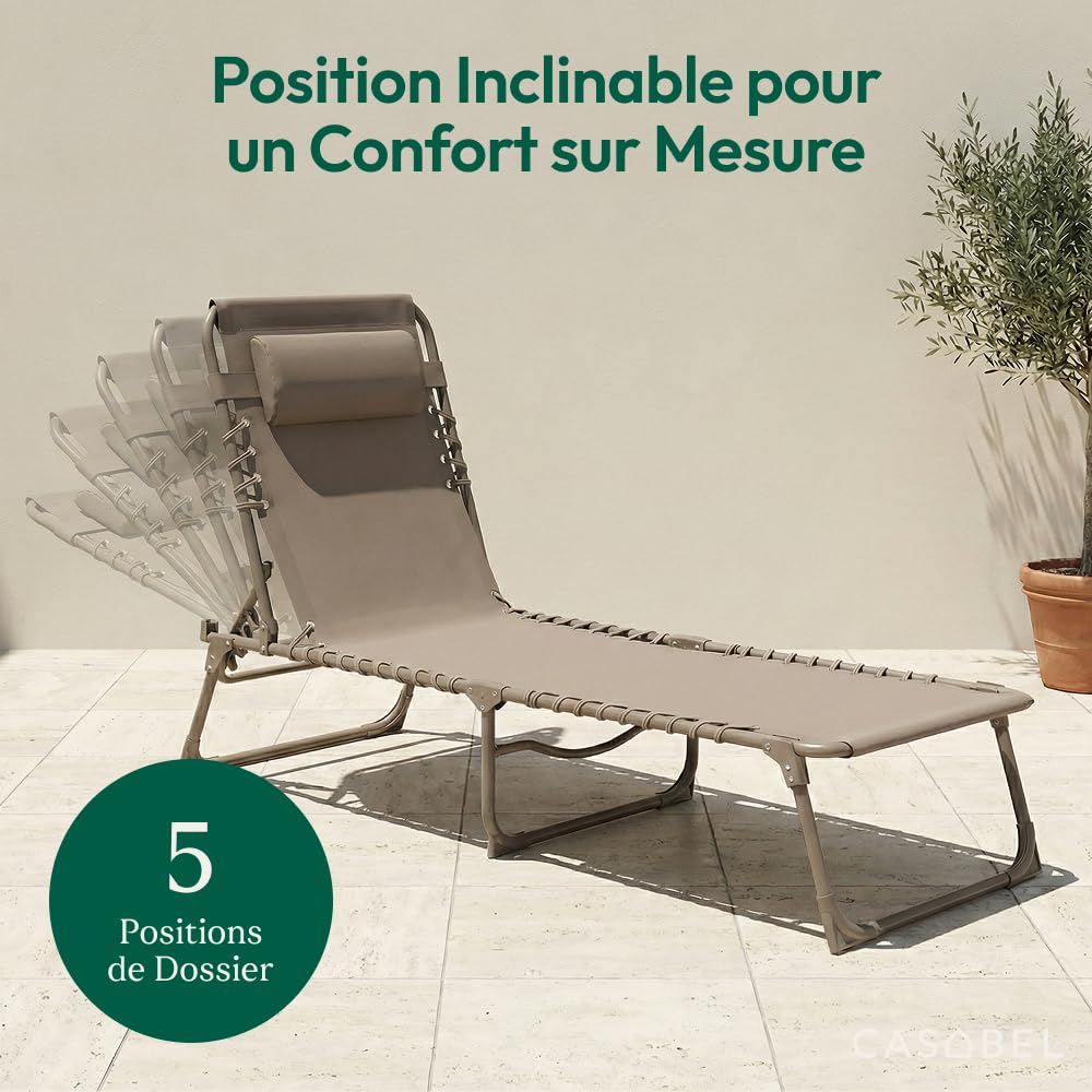 CASABEL Chaise Longue Pliante, Inclinable, Taupe | Coussin déperlant confortable, Dossier inclinable, Toile textilene respirante, Structure acier anti-rouille, Pliable, légère