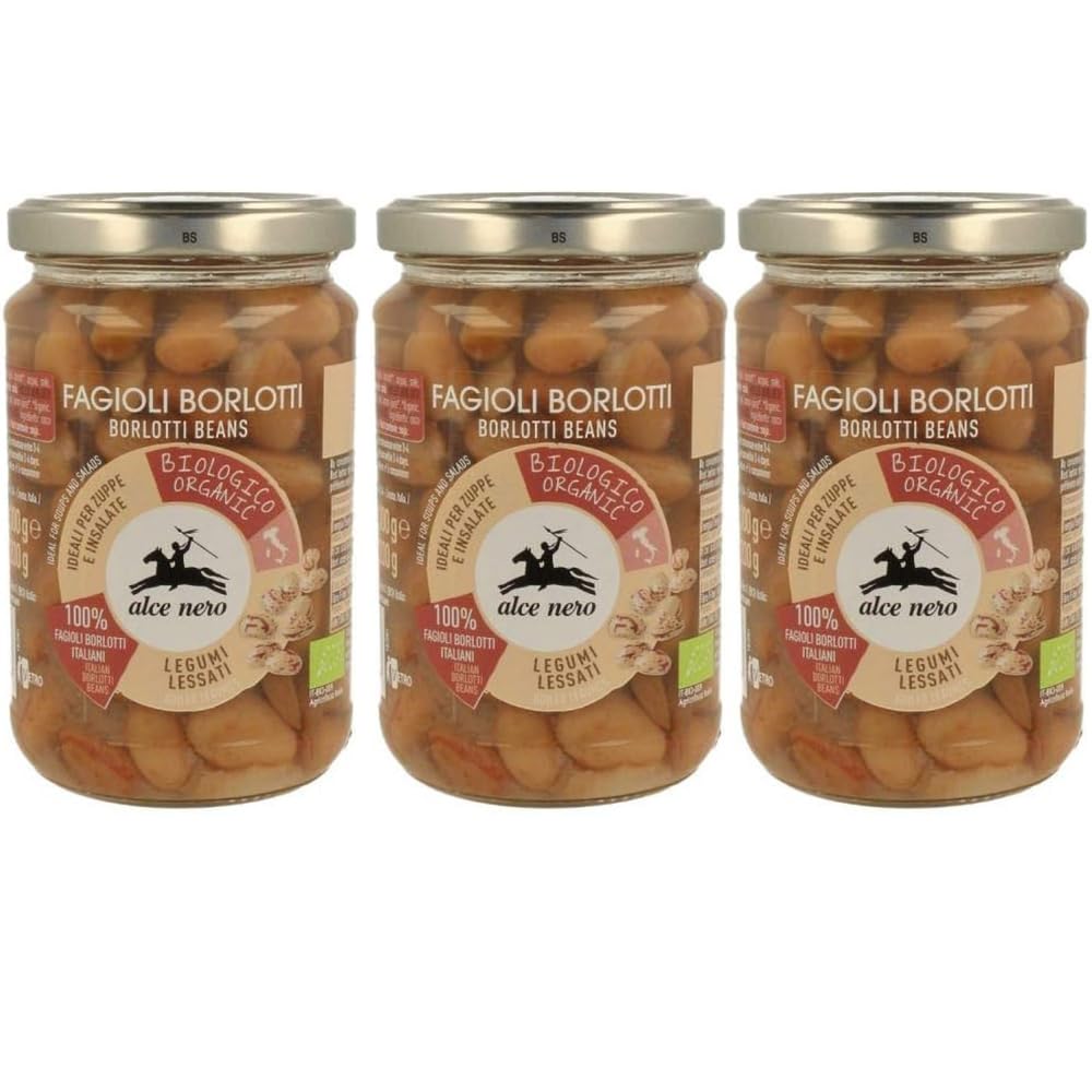 Alce Nero Fagioli Borlotti Biologici, Legumi Lessati in Vetro, Confezione da 6 Barattoli