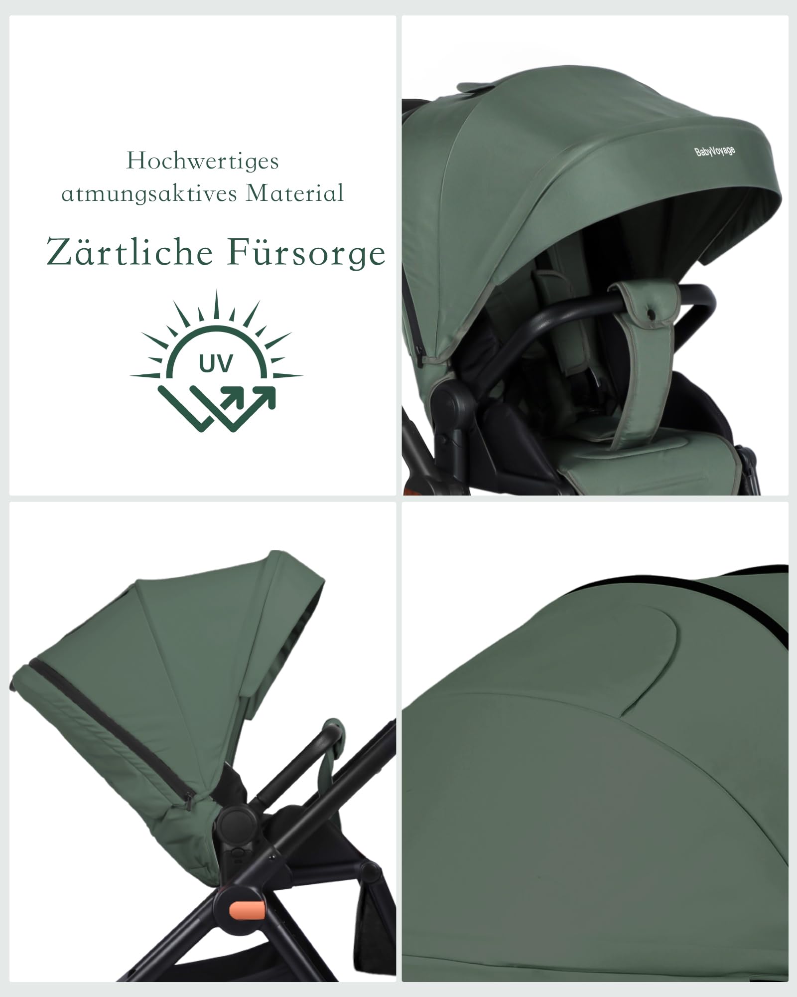 Kinderwagen Buggy 2 in 1 0-48 Monate Aluminiumlegierung Vollfederung 5-Punkt-Sicherheitsgurt Zusammenklappbar Grün