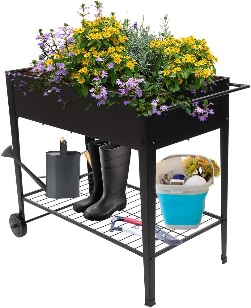 VINGLI Large Metal Raised Garden Bed Planter Box with Legs and Wheels Outdoor Elevated Mobile Garden Bed for Vegetables, Fruits and Flowers, Ergonomic Patio Metal Planter (40" L x 19" W x 32" H)