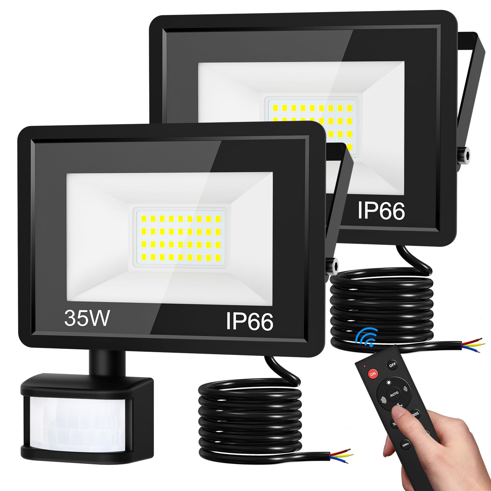 vighep 35W Projecteur LED Extérieur avec Détecteur, 6500K Blanc Froid Spot de Mouvement avec Télécommande, IP66 Étanche Eclairage Exterieur Lumiere pour Jardin Garage Backyard, 2paquet