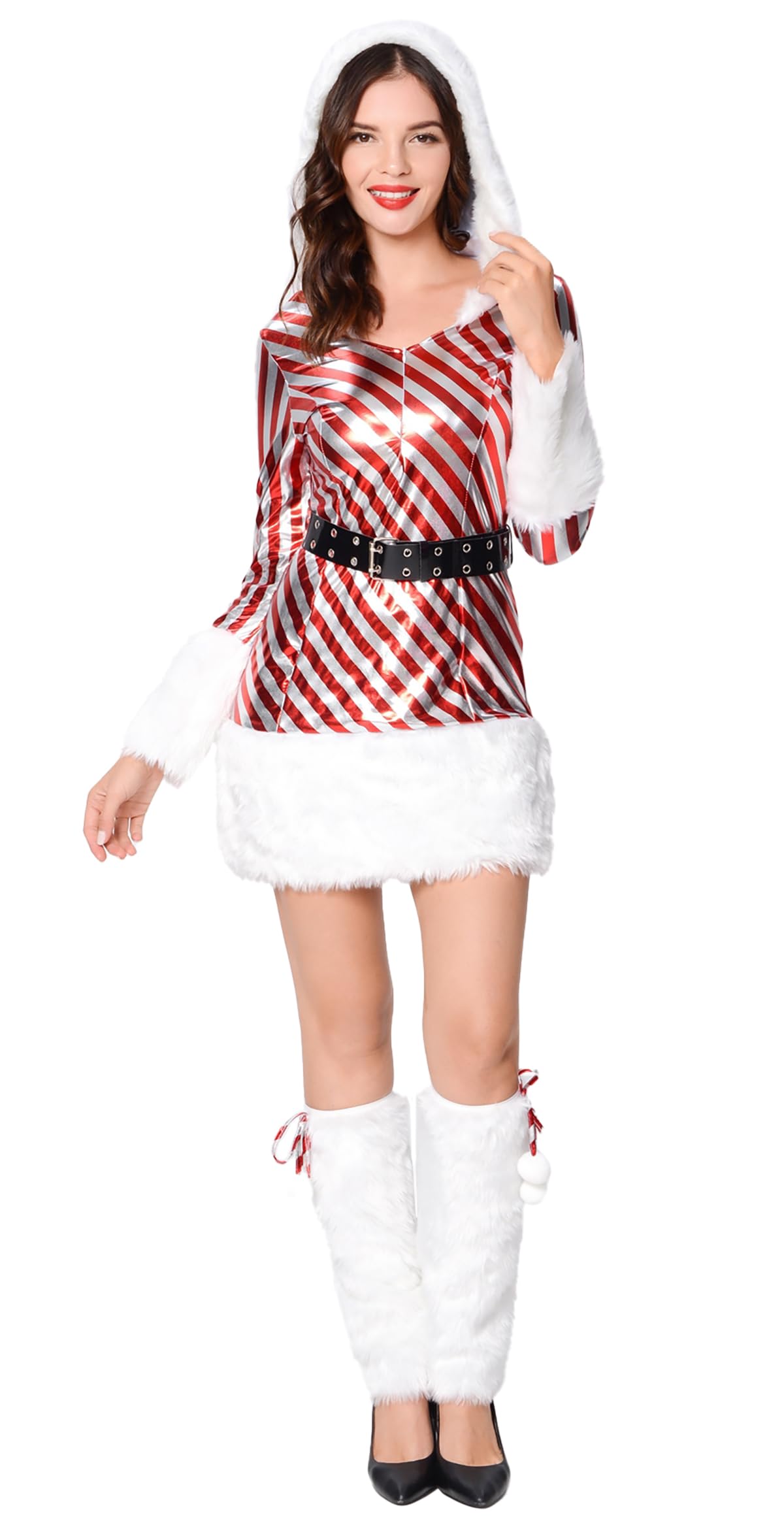 bslingerieWomen Christmas Santa Claus Silver Red Hoodie Costume Dress & Socks