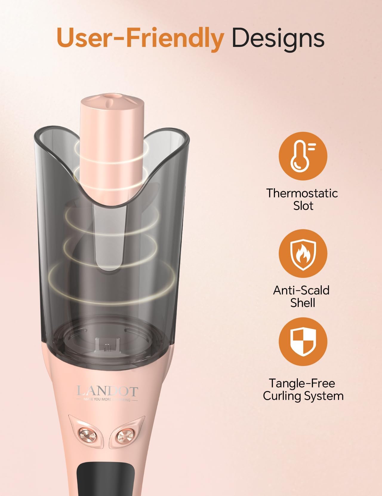 LANDOT Boucleur à Cheveux Automatique 25mm – Ondulations Beach Waves Faciles, 8 Températures 150-220°C et Rotation Double pour des Boucles Parfaites. Idéal Cadeau Femmes (Roségold)