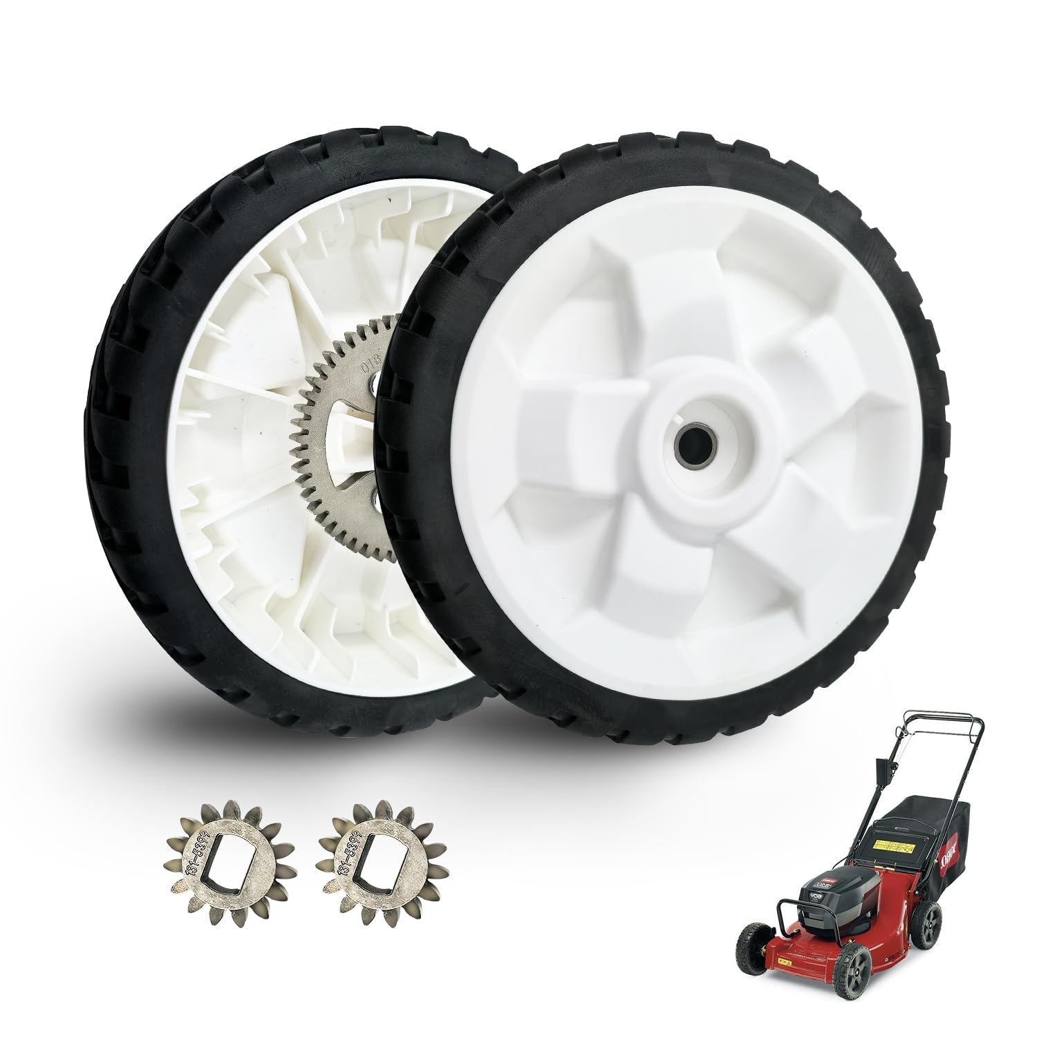 Photo 1 of 2 Pack 8" Wheel Assebmly 137-4835 119-3822 and 2 Pack 131-5399 (15T) Pinion Gear Compatible with Toro 55cm 22in Recycler Lawn Mowers 20332 20333 20334 20337 20372 20373 20374 20955 20958 21762