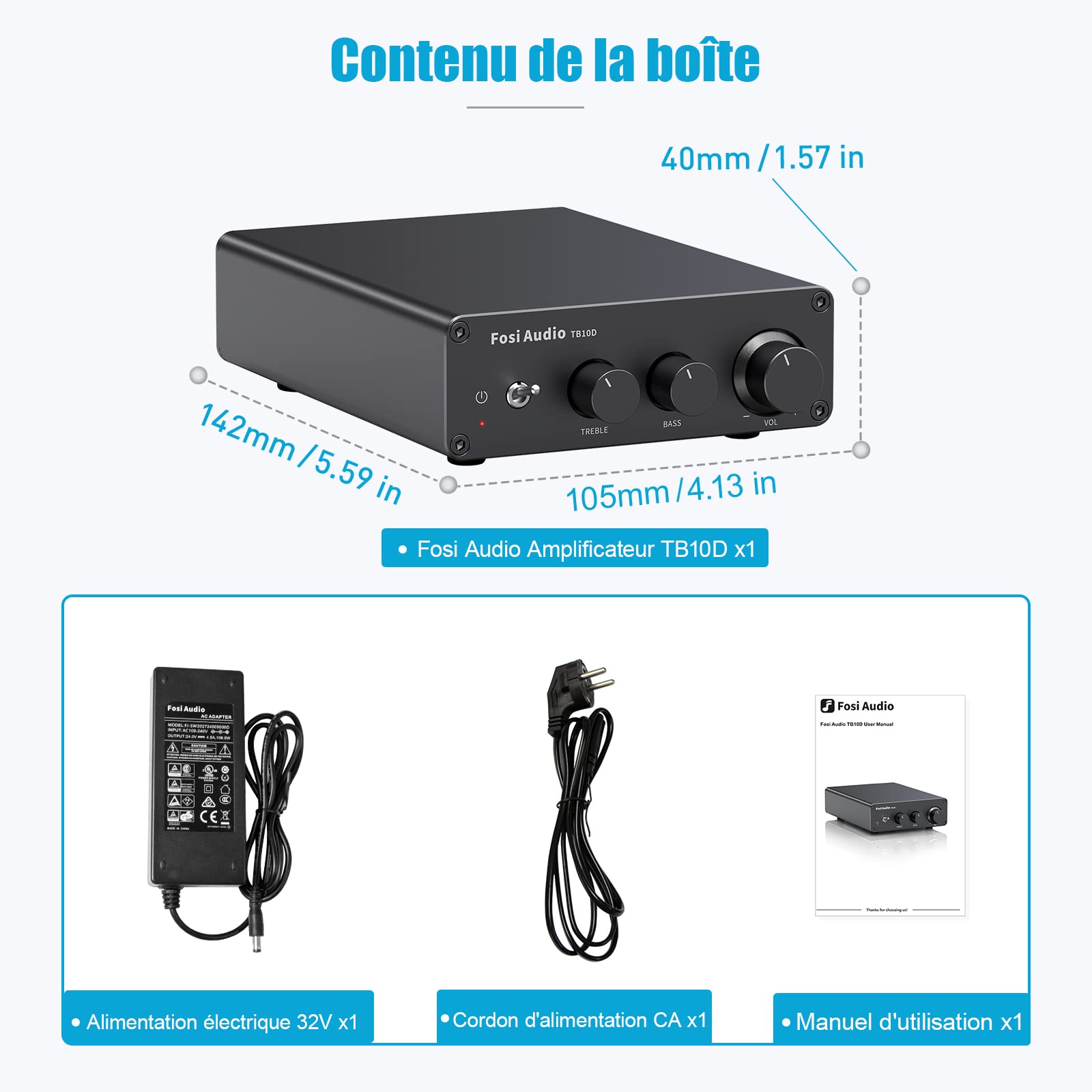 Fosi Audio TB10D 600 Watts TPA3255 Mini amplificateur HiFi Stéréo Classe D Ampli Récepteur Audio 2 canaux intégré pour Haut-parleurs passifs avec contrôle des aigus et des Basses