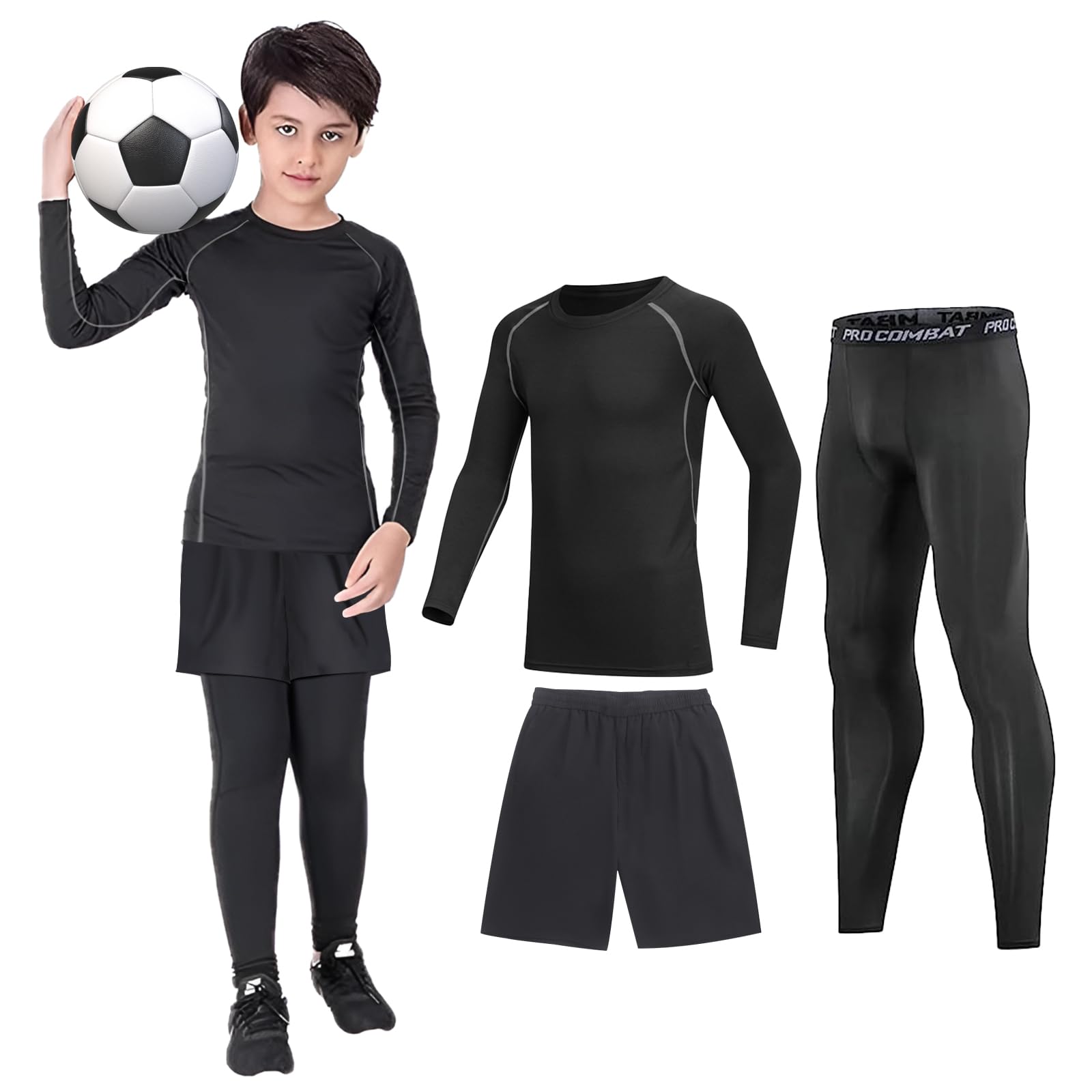 Couche de base pour enfants – Ensemble de compression 3 pièces avec haut thermique à manches longues et leggings et shorts de compression pour le sport, le football, le basket-ball, le ski, gris