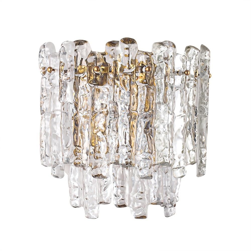 NHPJFDC Wall Light, Luxury Crystal Wall Sconce, Gold Metal and Clear Textured Glass Ice Block Lamp, E14 3-Light 3-Color Dimmable LED Fixture for Bedroom Living Room Hallway Dining Room Parlor