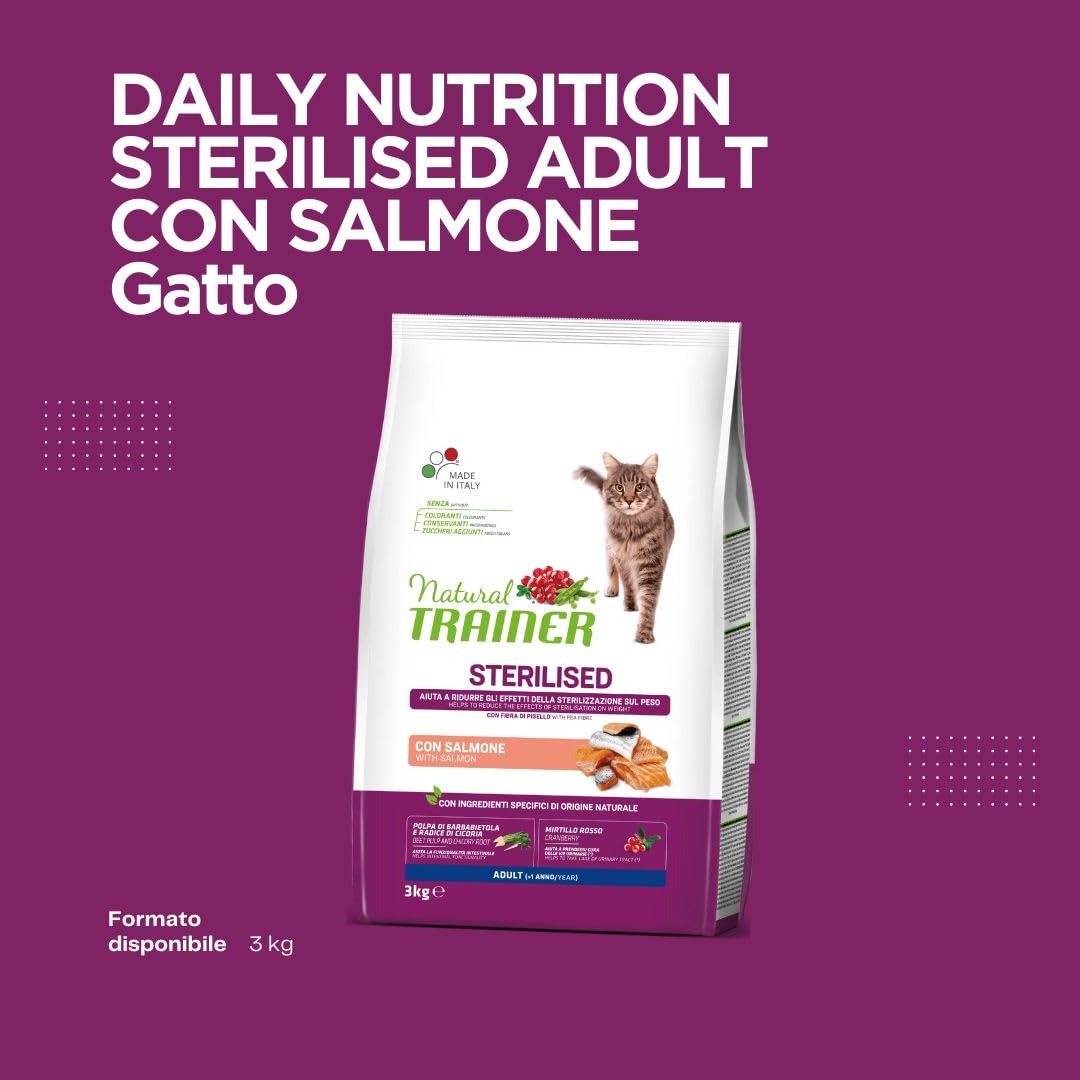 Natural Trainer Gatto Adult Sterilised Salmone 3kg, alimento secco completo per gatti adulti di tutte le taglie e razze, gusto SALMONE, confezione da 3kg.