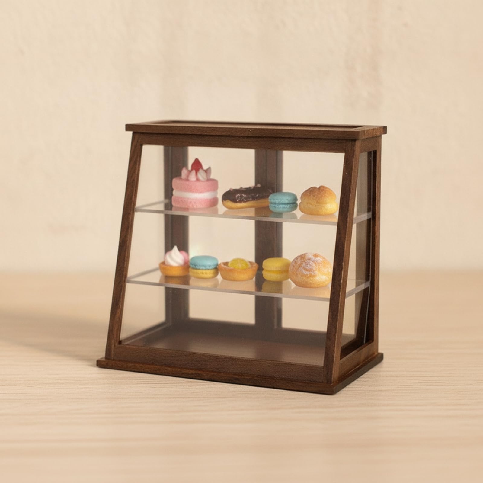 harayaa Miniatur Vitrine Puppenhaus Vitrinenschrank Schaukasten aus Holz mit Schräger Front Und Seitenscheiben Zwei Einlegeböden für Puppenhaus Laden Dioramen, Kirschbaumholz