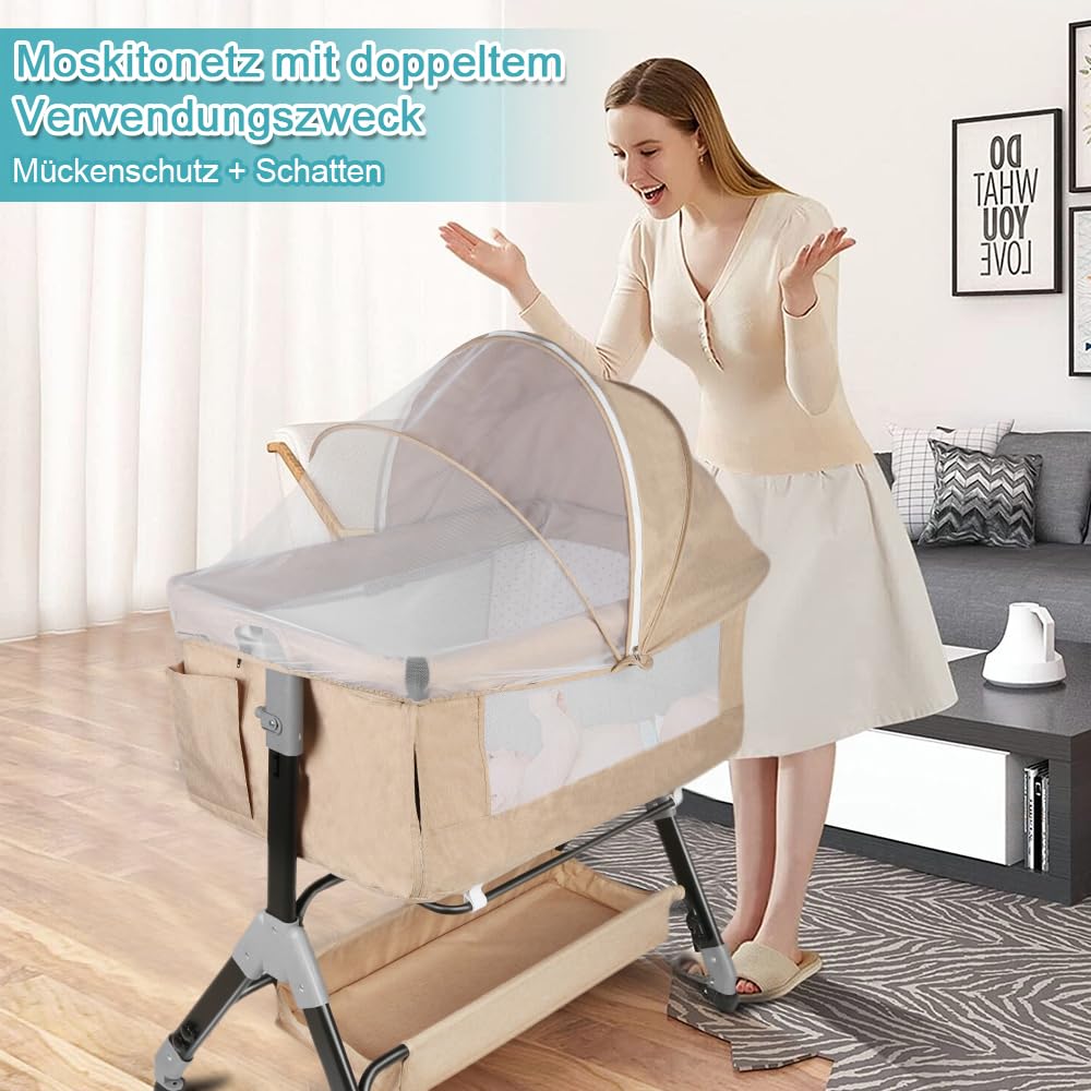 Berceau Cododo avec Matelas et Moustiquaire, Lit pour Les Bébés de 0 à 36 Mois Pliable -Berceau bébé Mobile Lit d'Appoint 4 Réglage de la Hauteur,104 * 52 * 100-110cm,Beige