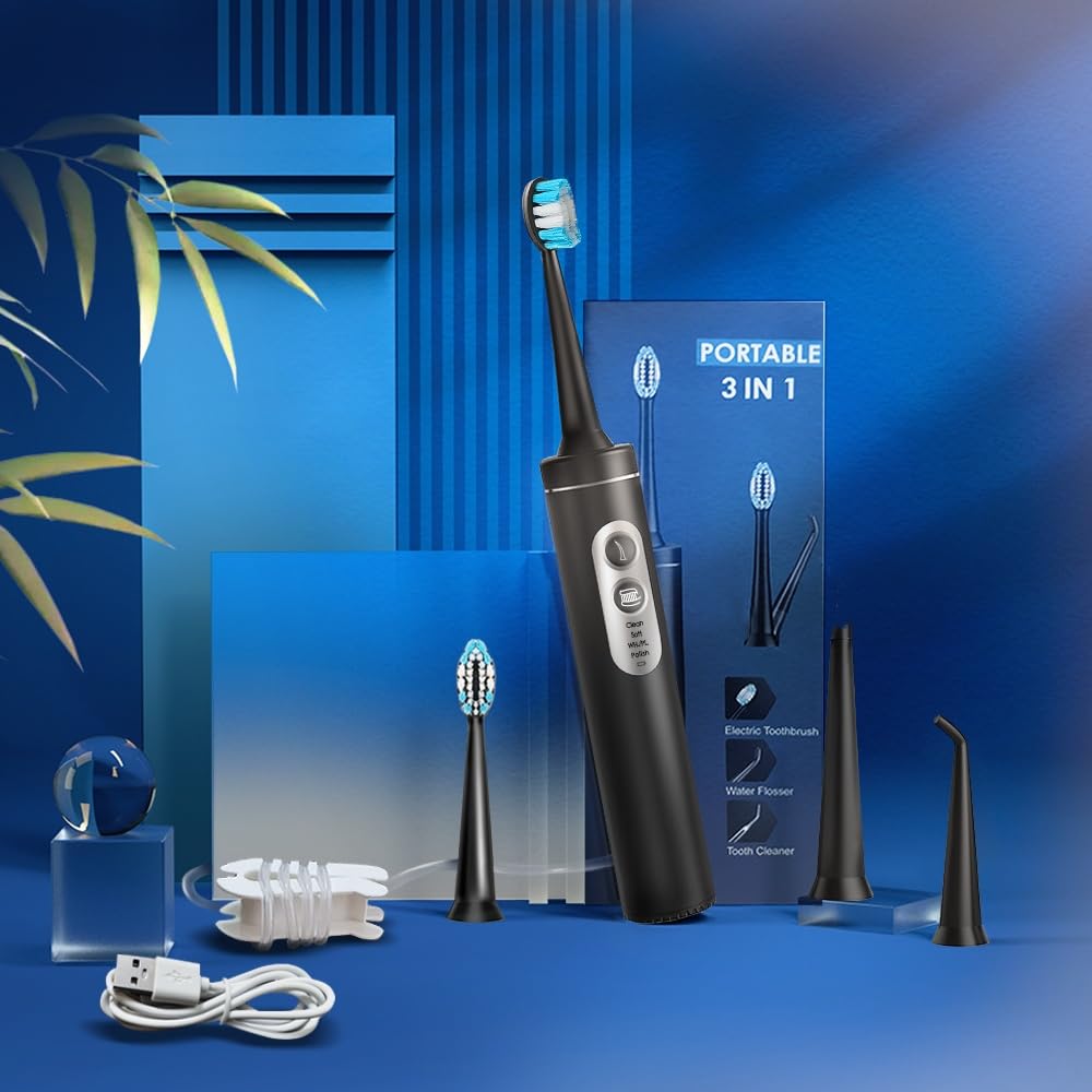 Spazzolino elettrico con idropulsore, spazzolino elettrico 3 in 1 con 4 modalità, spazzolino da denti e idropulsore combinato per adulti, idropulsore portatile per viaggi e casa