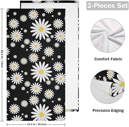 Miniatura 2 de Juego de 2 toallas de mano de flores de margaritas para baño, lindo fondo negro, estampado floral, suave, pequeño, juego de toallas de baño