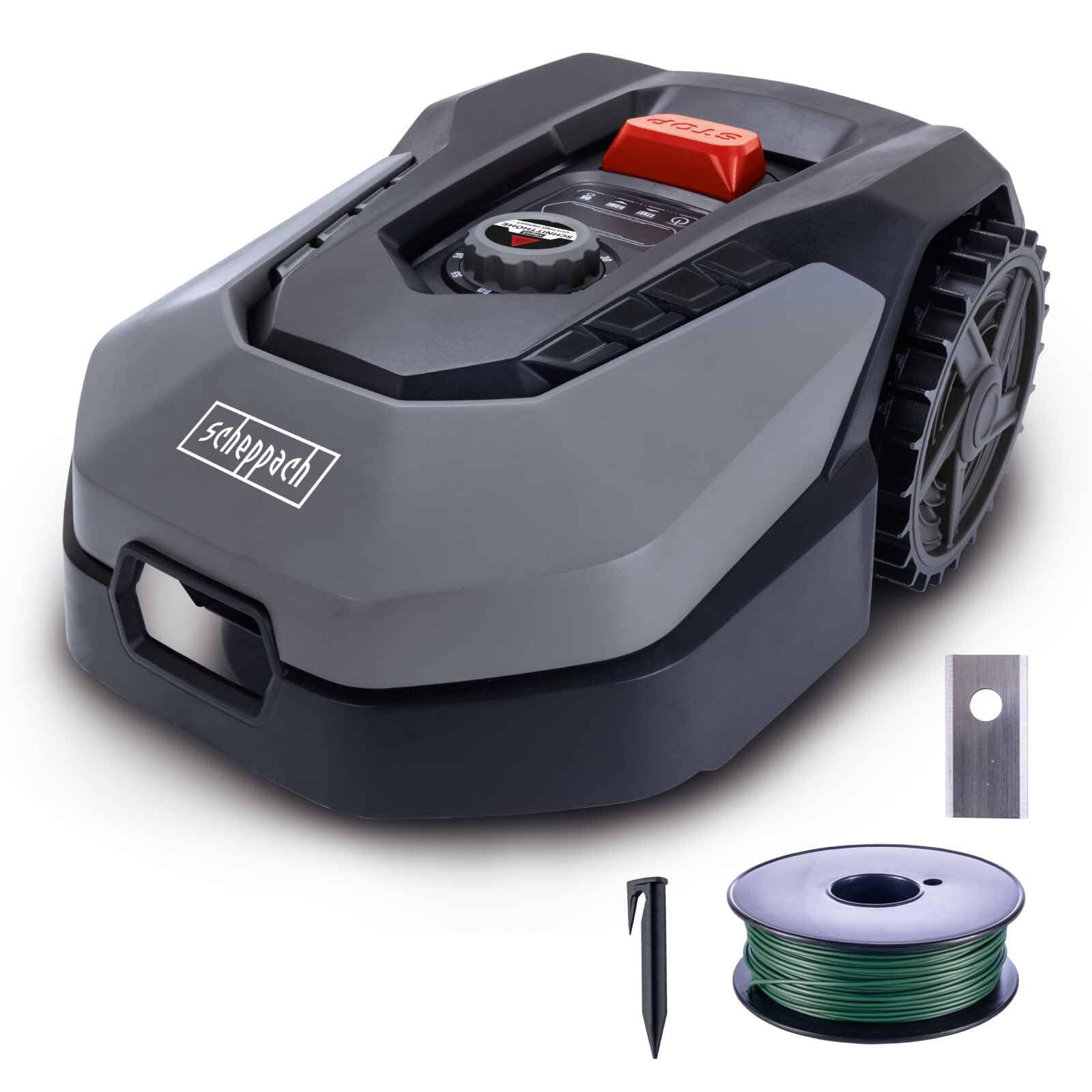 Scheppach RoboCut XXL900 | Largeur de Coupe 18cm | Hauteur Coupe 20-60 mm | Détecteur de Pluie | WiFi & BT | Contrôle par App | Pente de 35% | avec Station, 9 Lames, 170m de câble & 230 Crochets