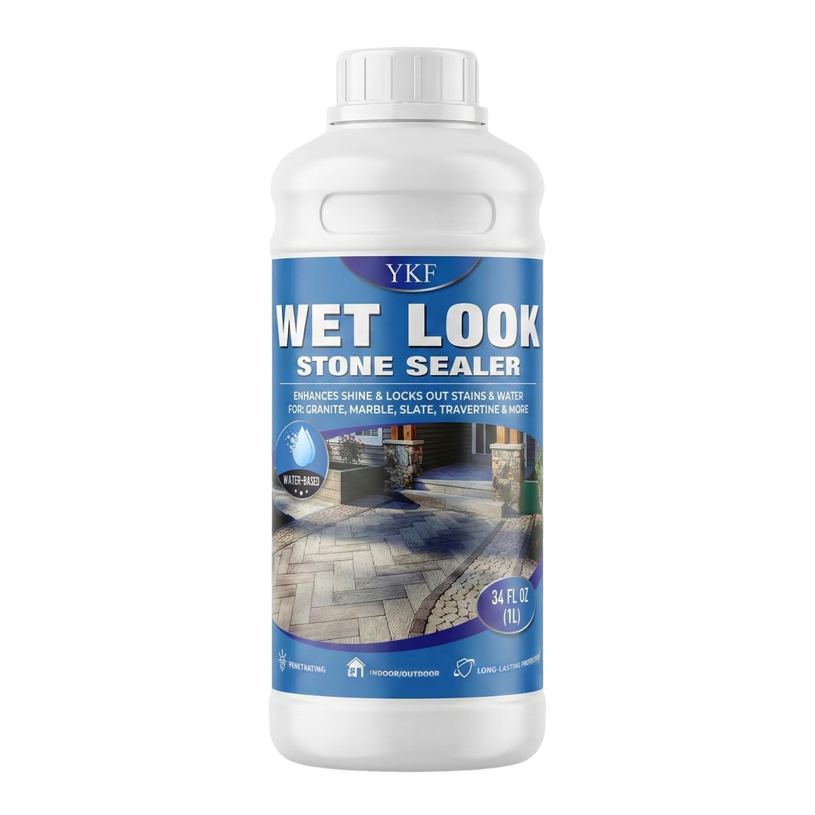 YKF Wet Look Stone Sealer 1L, Colour Enhancing Patio Sealer for Natural Stone, Sandstone, Slate, Limestone, Granite, Concrete & Block Paving, Water-Based Clear Satin Finish