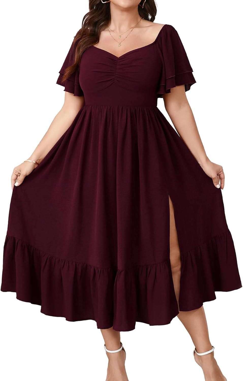 SCOMCHIC Womens Plus Size Wedding Guest Cocktail Dresses Sweetheart Neckline Short Sleeve Smocked Ruffle Slit Maxi Dress Burgundy X-Large Plus