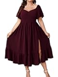 Womens Plus Size Wedding Guest Cocktail Dresses Sweetheart Neckline Short Sleeve Smocked Ruffle Slit Maxi Dress