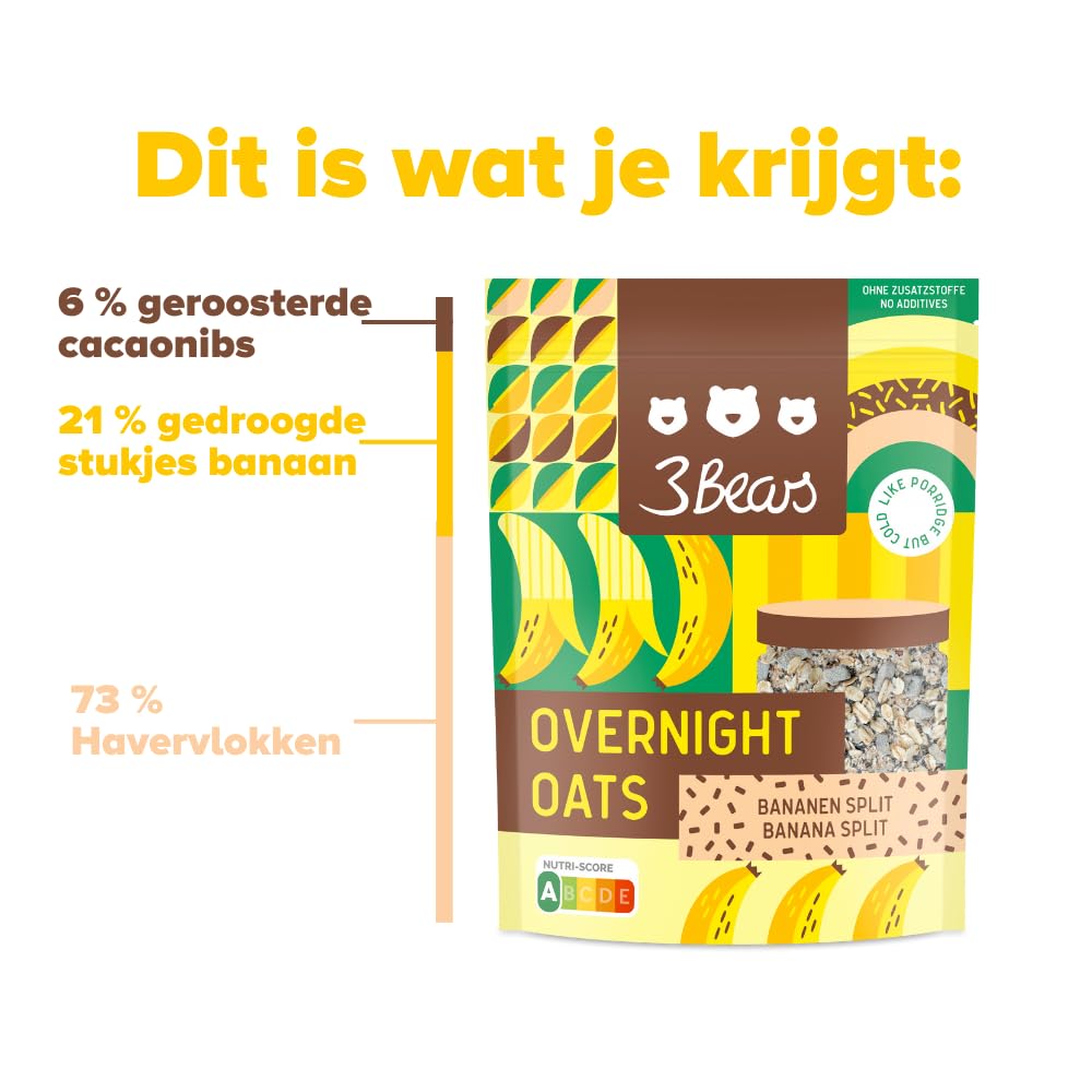 3Bears Overnight Oats Banana Split I 4 bustine di porridge vegano da 400 g con avena integrale I Colazione deliziosa, per una notte in frigorifero I Porridge per la colazione senza zucchero, preparato