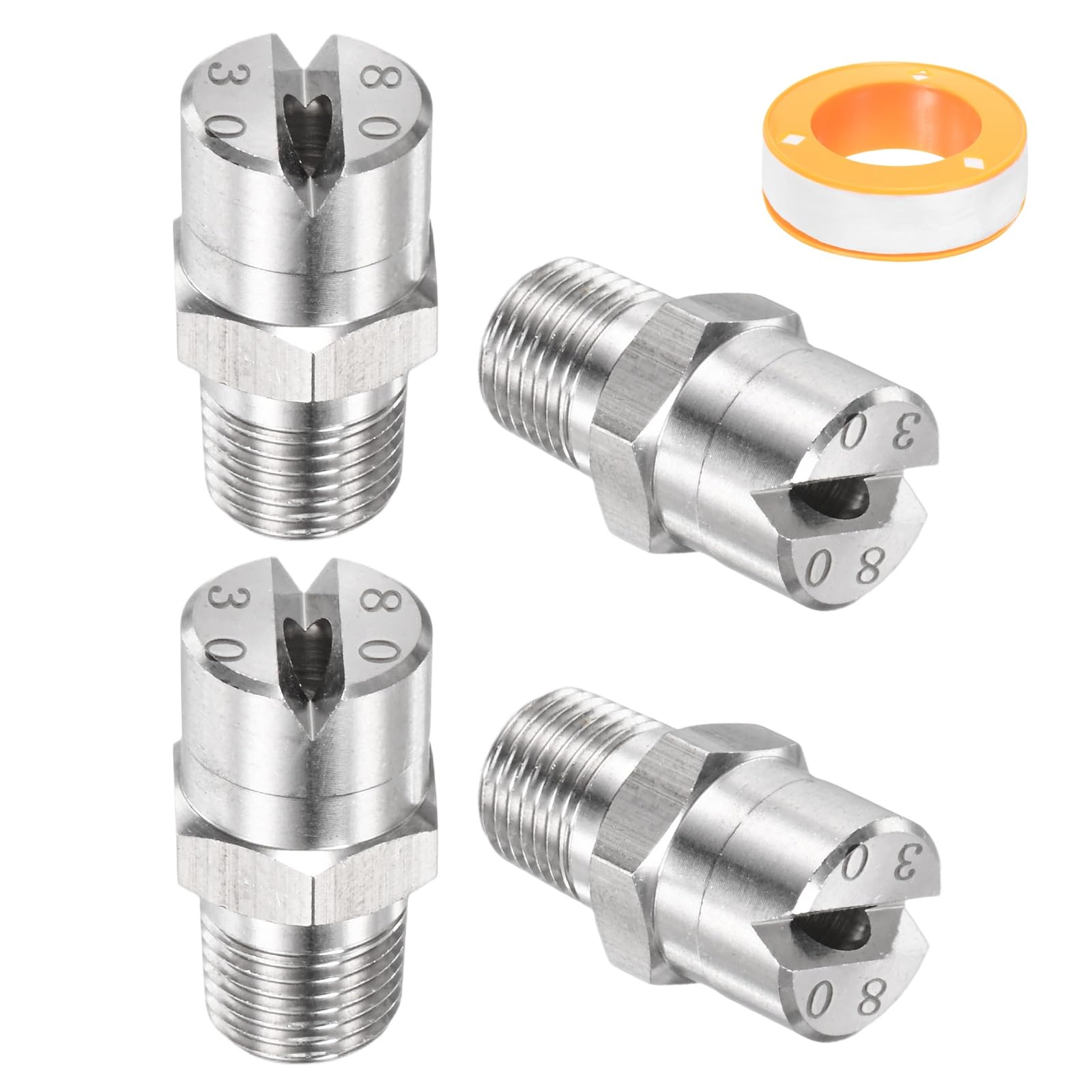 TIXIPEM 1/8" BSP Male 80 Degree Flat Fan Spray Tip [5PCS] - Pressure Washer Nozzles Cleaner Nozzle with Sealing Tape Used for Water Guns - [Stainless Steel-3.6MM Orifice]